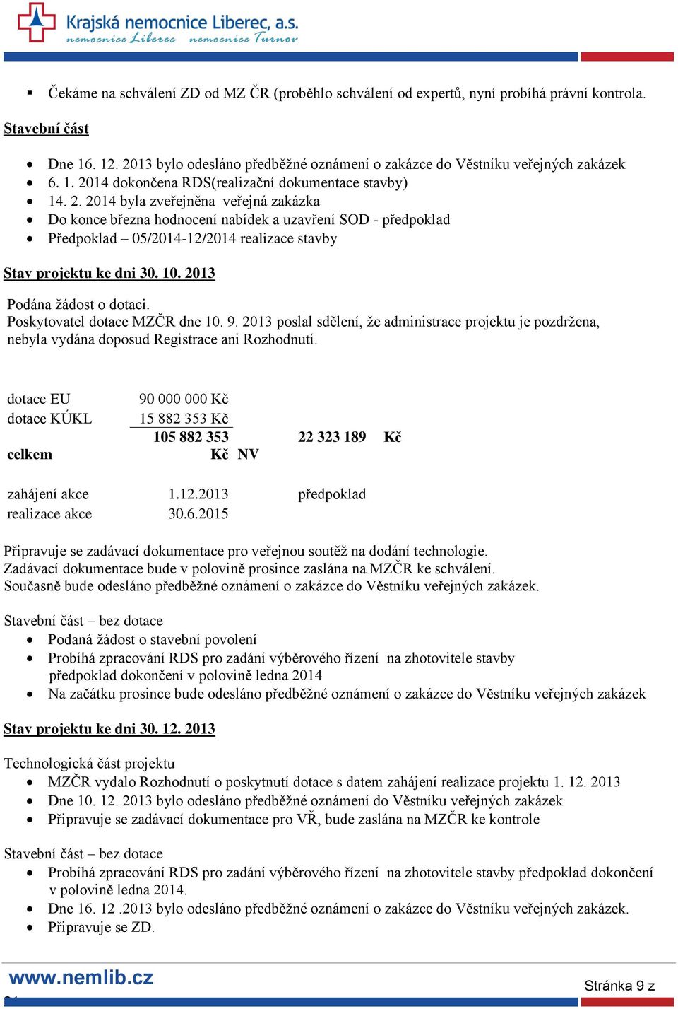 10. 2013 Podána žádost o dotaci. Poskytovatel dotace MZČR dne 10. 9. 2013 poslal sdělení, že administrace projektu je pozdržena, nebyla vydána doposud Registrace ani Rozhodnutí.
