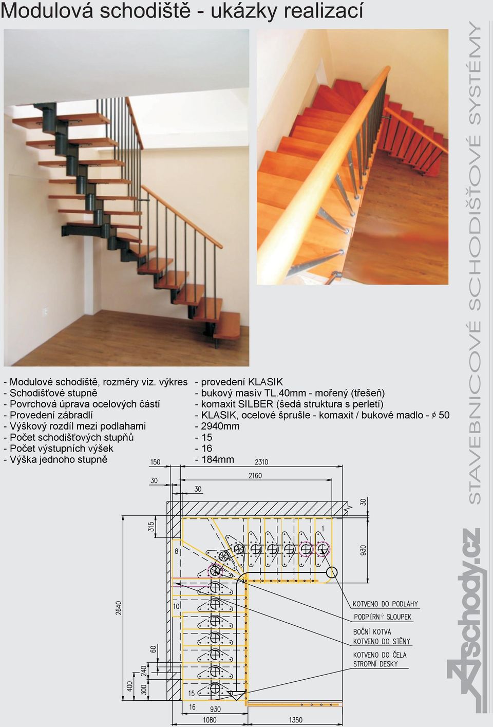 perletí) Provedení zábradlí KLASIK, ocelové šprušle - komaxit / bukové madlo - 50 Výškový rozdíl