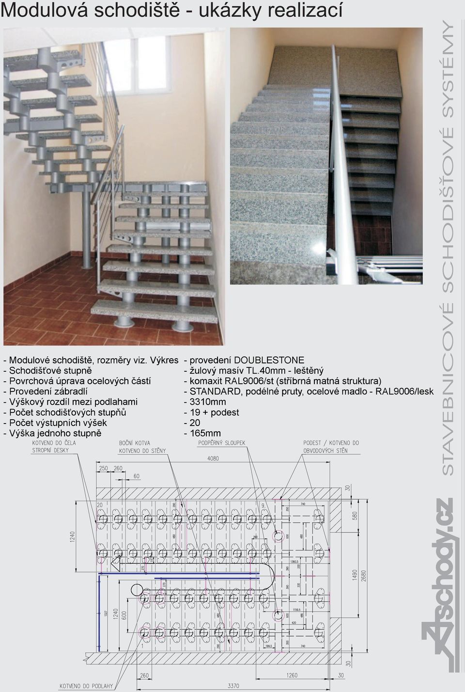 Provedení zábradlí STANDARD, podélné pruty, ocelové madlo - RAL9006/lesk Výškový rozdíl mezi