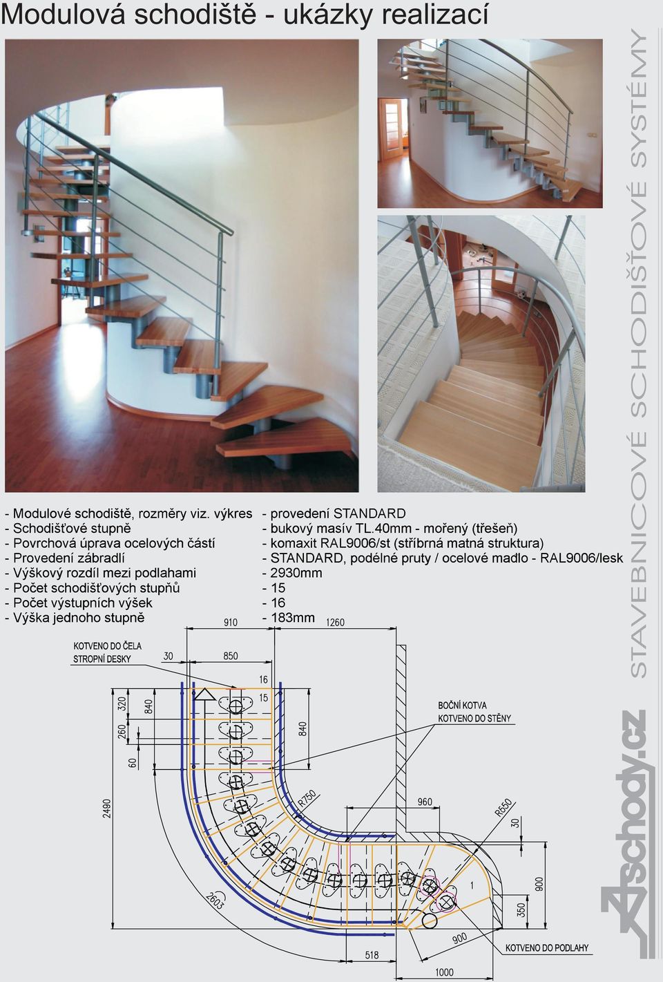 struktura) Provedení zábradlí STANDARD, podélné pruty / ocelové madlo - RAL9006/lesk Výškový