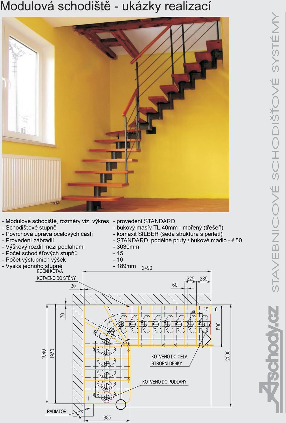 perletí) Provedení zábradlí STANDARD, podélné pruty / bukové madlo - 50 Výškový rozdíl mezi