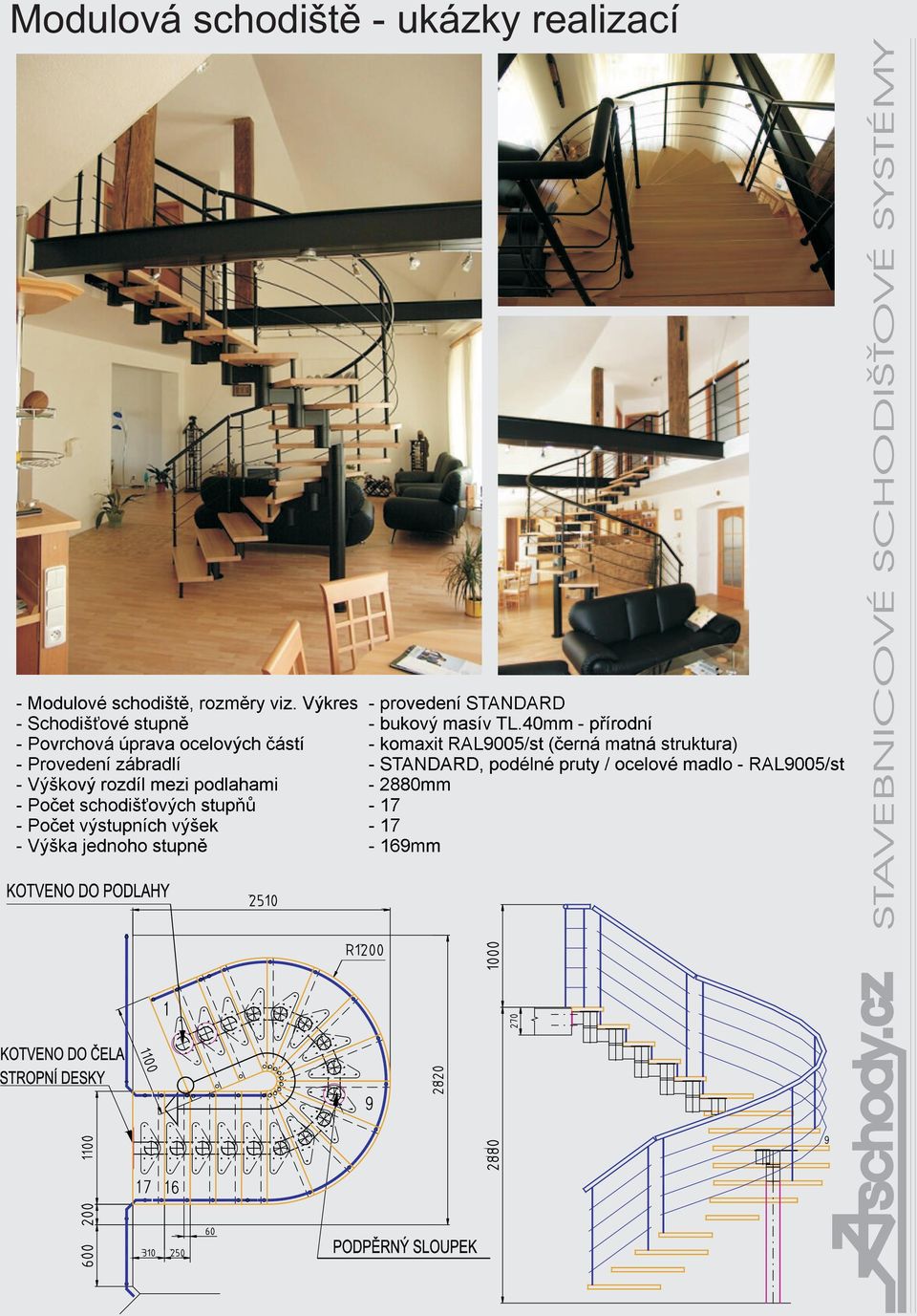 Provedení zábradlí STANDARD, podélné pruty / ocelové madlo - RAL9005/st Výškový rozdíl mezi