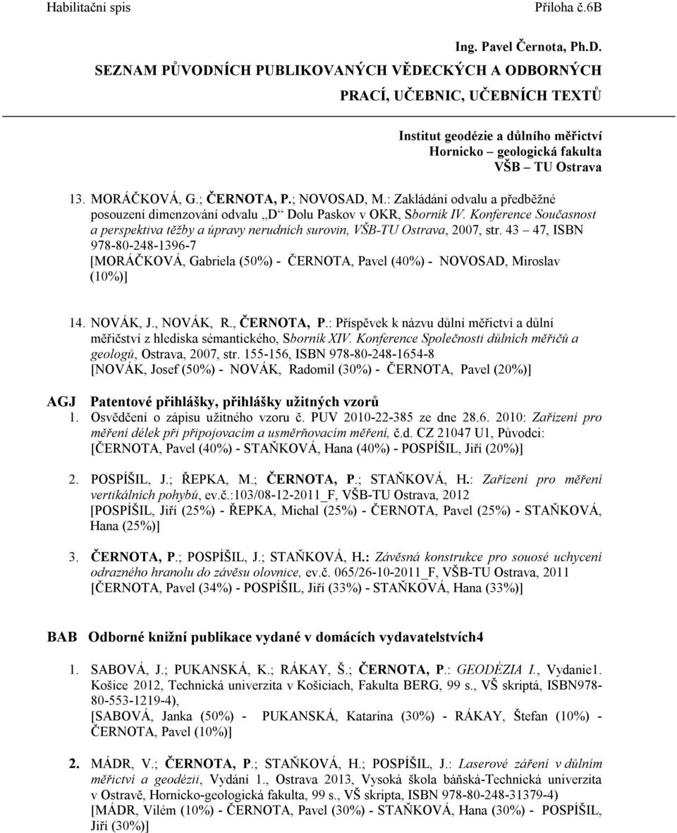 43 47, ISBN 978-80-248-1396-7 [MORÁČKOVÁ, Gabriela (50%) - ČERNOTA, Pavel (40%) - NOVOSAD, Miroslav (10%)] 14. NOVÁK, J., NOVÁK, R., ČERNOTA, P.