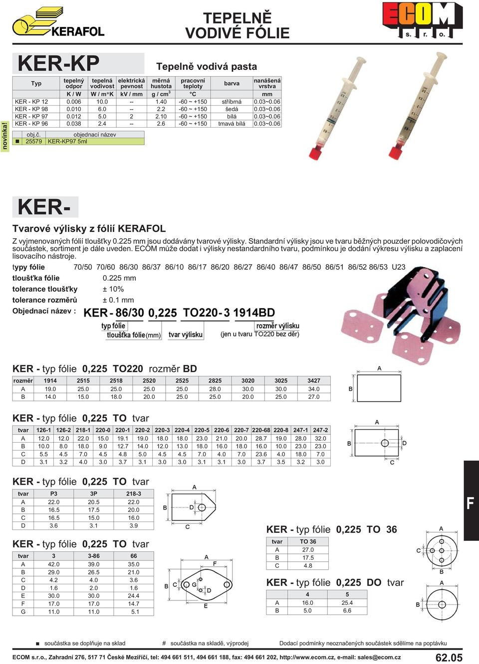 objednací název 25579 KER-KP97 5ml Tepelnì vodivá pasta Tvarové výlisky z fólií KERAOL Z vyjmenovaných fólií tlouš ky 0.225 mm jsou dodávány tvarové výlisky.