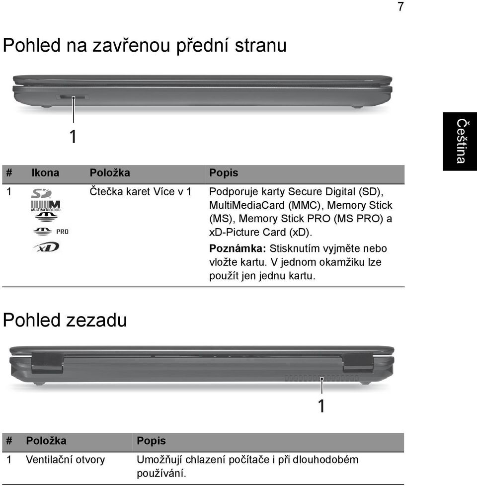 Poznámka: Stisknutím vyjměte nebo vložte kartu. V jednom okamžiku lze použít jen jednu kartu.