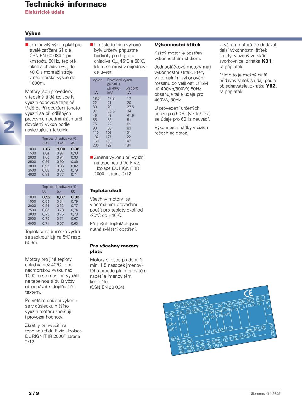 Při dodržení tohoto využití se při odlišných pracovních podmínkách určí dovolený výkon podle následujících tabulek.