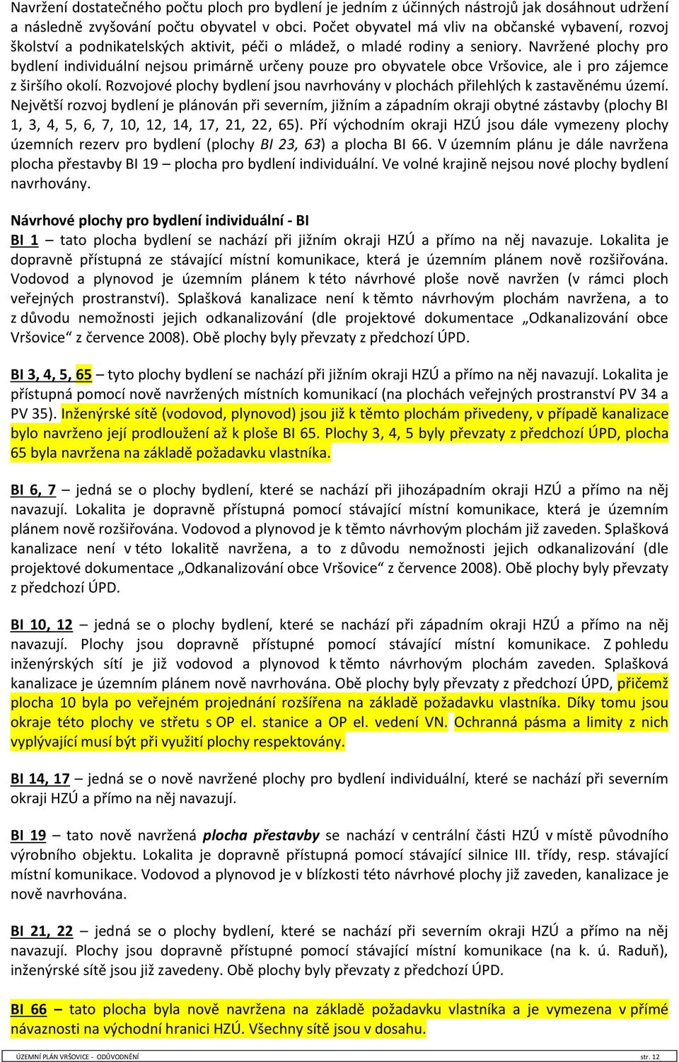 Navržené plochy pro bydlení individuální nejsou primárně určeny pouze pro obyvatele obce Vršovice, ale i pro zájemce z širšího okolí.