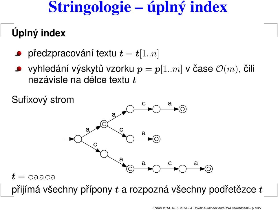 .m] v čse O(m), čili nezávisle n déle textu t Sufixový strom t =