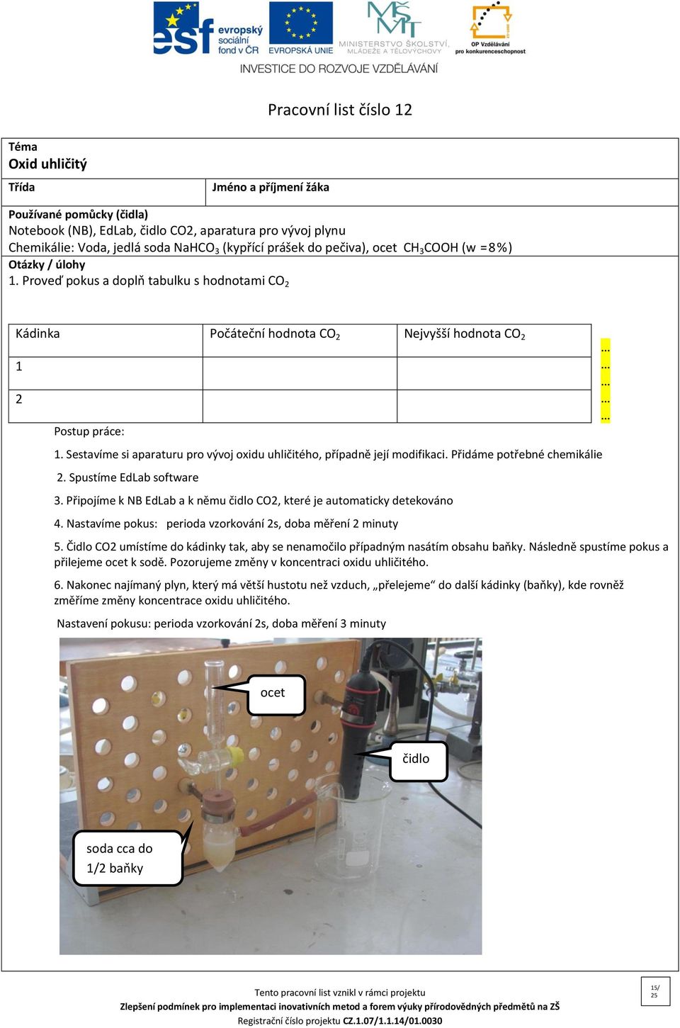 Přidáme potřebné chemikálie 2. Spustíme EdLab software 3. Připojíme k NB EdLab a k němu čidlo CO2, které je automaticky detekováno 4. Nastavíme pokus: perioda vzorkování 2s, doba měření 2 minuty 5.