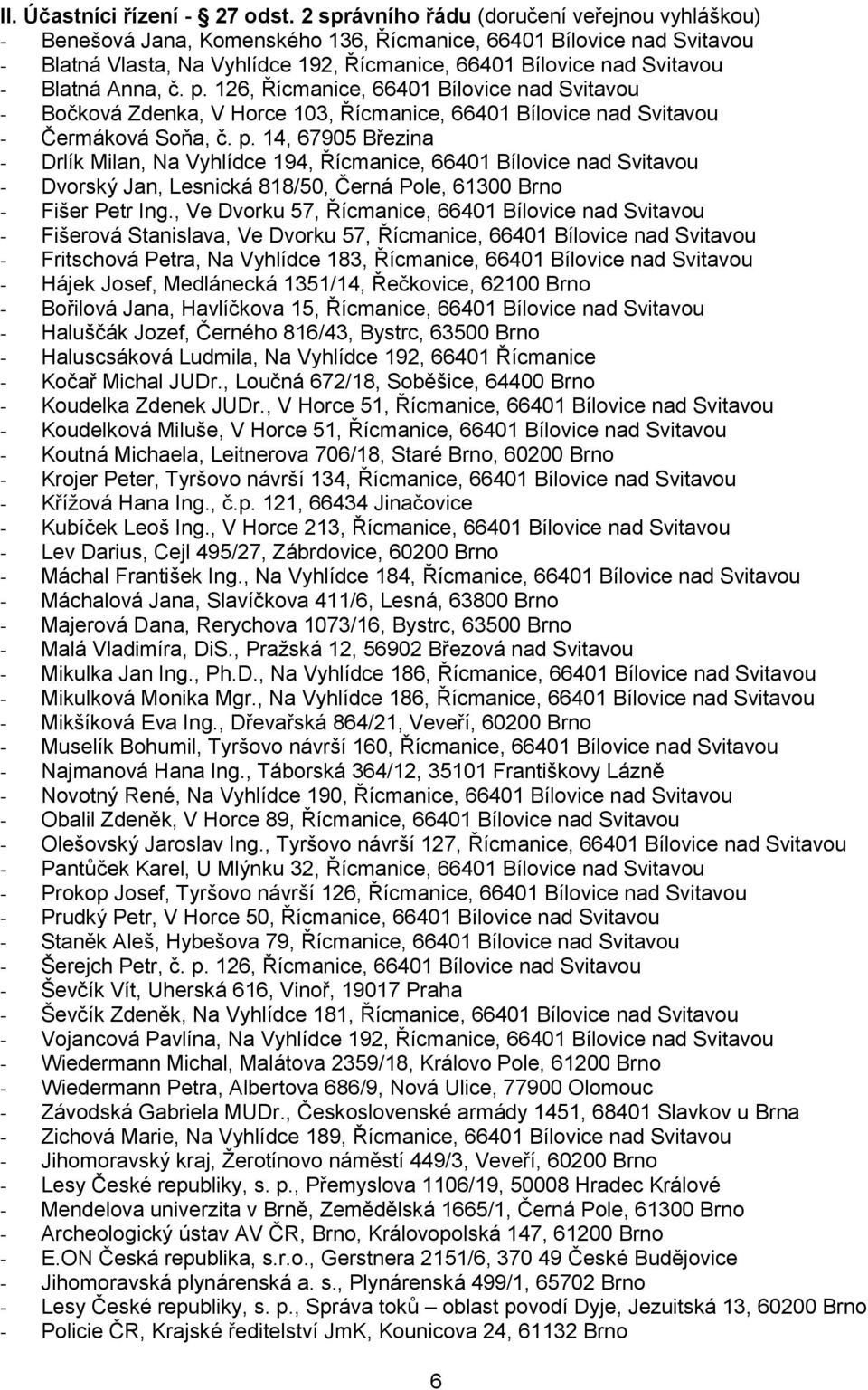 Blatná Anna, č. p. 126, Řícmanice, 66401 Bílovice nad Svitavou - Bočková Zdenka, V Horce 103, Řícmanice, 66401 Bílovice nad Svitavou - Čermáková Soňa, č. p. 14, 67905 Březina - Drlík Milan, Na Vyhlídce 194, Řícmanice, 66401 Bílovice nad Svitavou - Dvorský Jan, Lesnická 818/50, Černá Pole, 61300 Brno - Fišer Petr Ing.