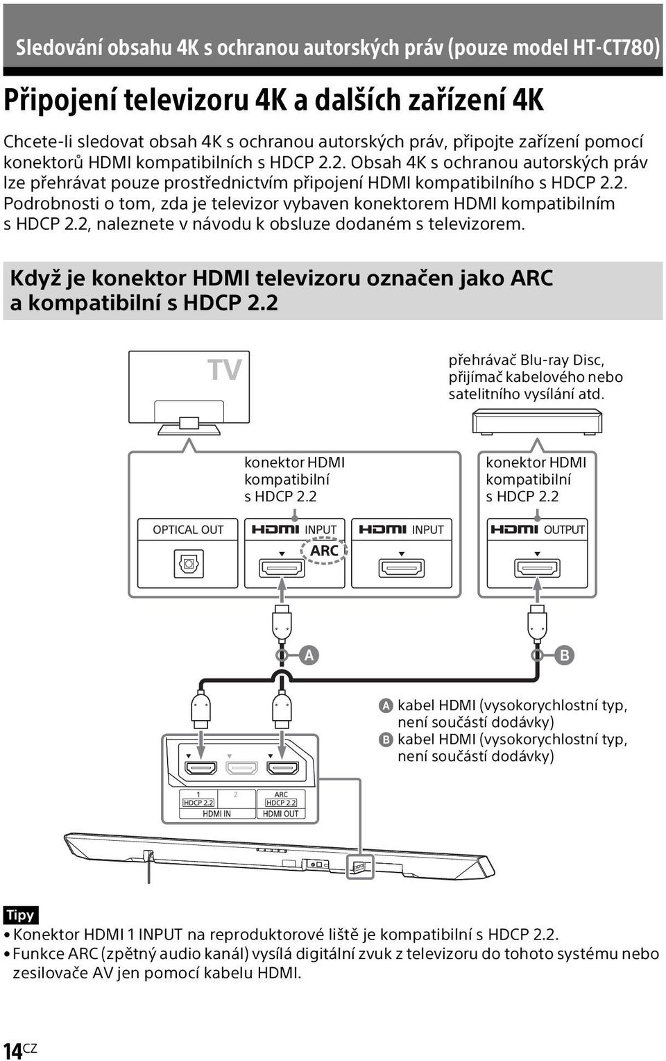 2, naleznete v návodu k obsluze dodaném s televizorem. Když je konektor HDMI televizoru označen jako ARC a kompatibilní s HDCP 2.