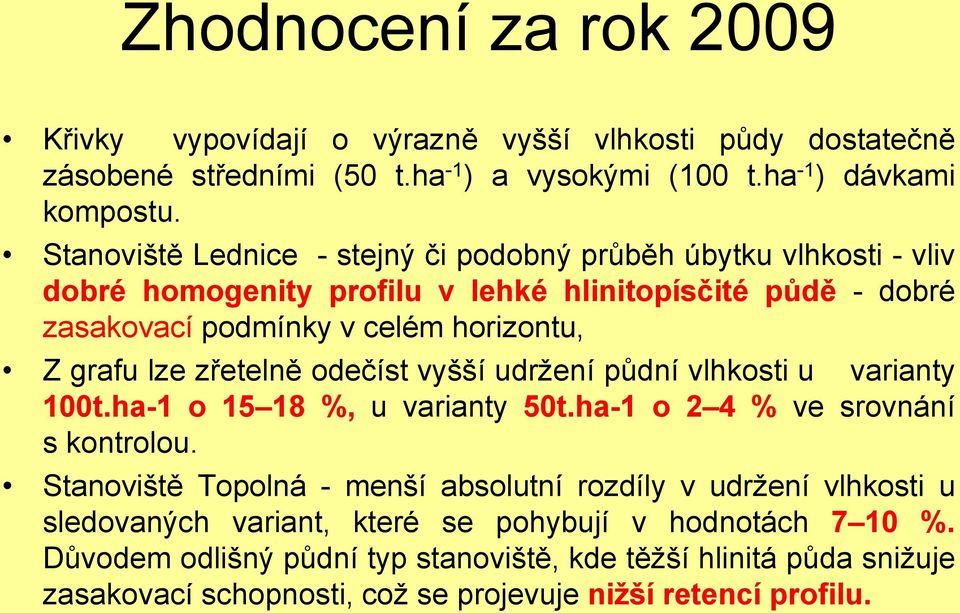 zřetelně odečíst vyšší udržení půdní vlhkosti u varianty 100t.ha-1 o 15 18 %, u varianty 50t.ha-1 o 2 4 % ve srovnání s kontrolou.