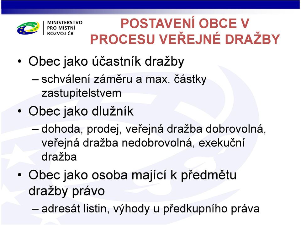 částky zastupitelstvem Obec jako dlužník dohoda, prodej, veřejná dražba