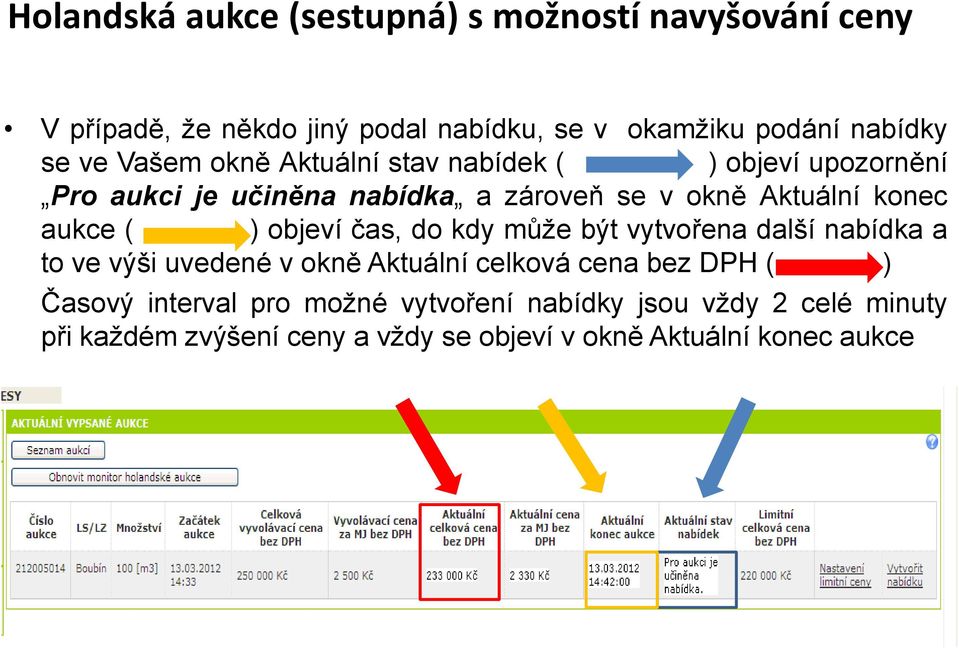 aukce ( ) objeví čas, do kdy může být vytvořena další nabídka a to ve výši uvedené v okně Aktuální celková cena bez DPH ( )