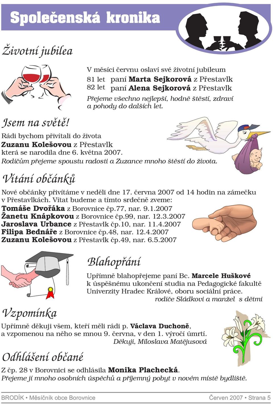 štìstí, zdraví a pohody do dalších let. Rádi bychom přivítali do života Zuzanu Kolešovou z Přestavlk která se narodila dne 6. května 2007.