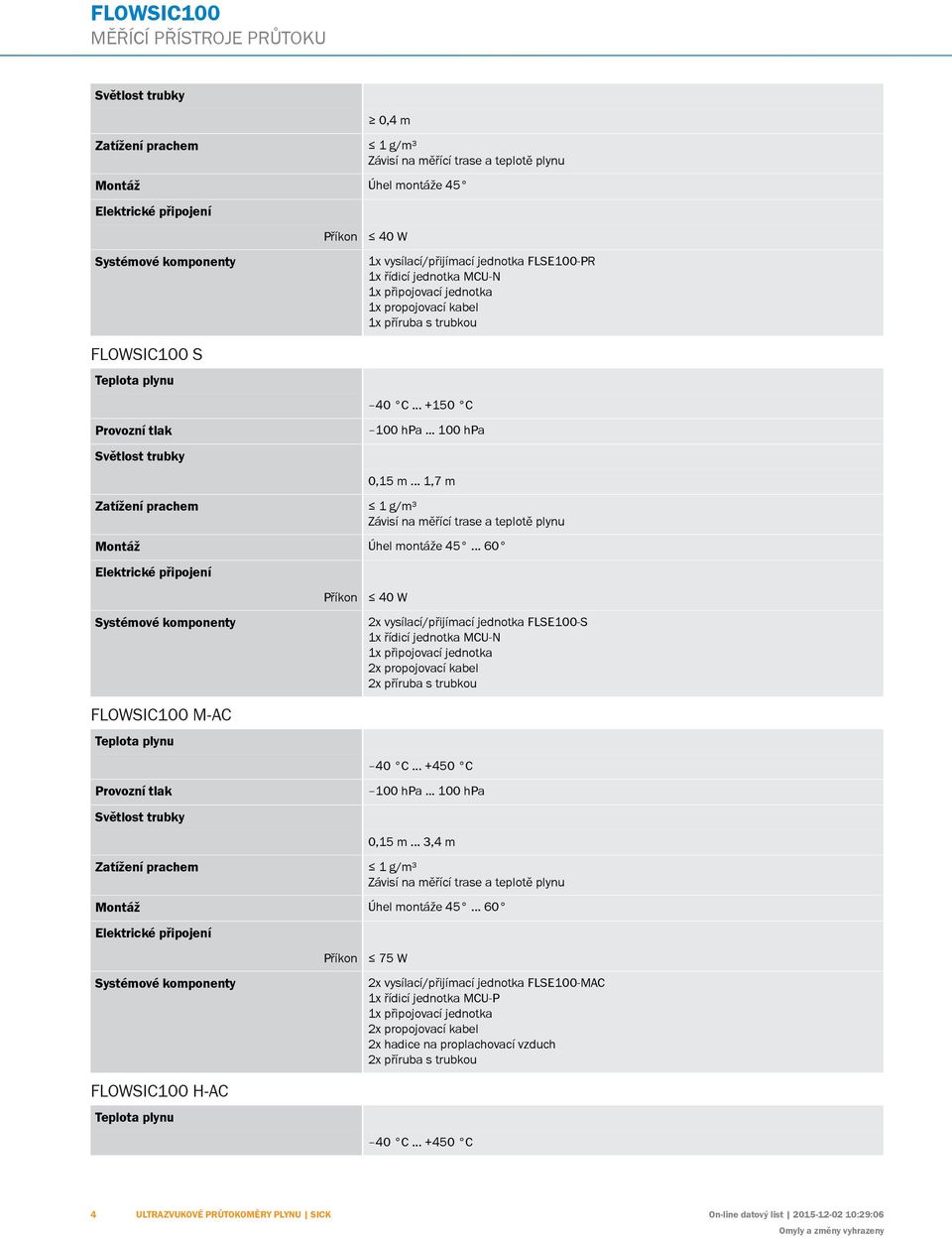 .. 1,7 m 1 g/m³ FOWSIC100 M-C 2x vysílací/přijímací jednotka FSE100-S 40 C... +450 C 0,15 m.