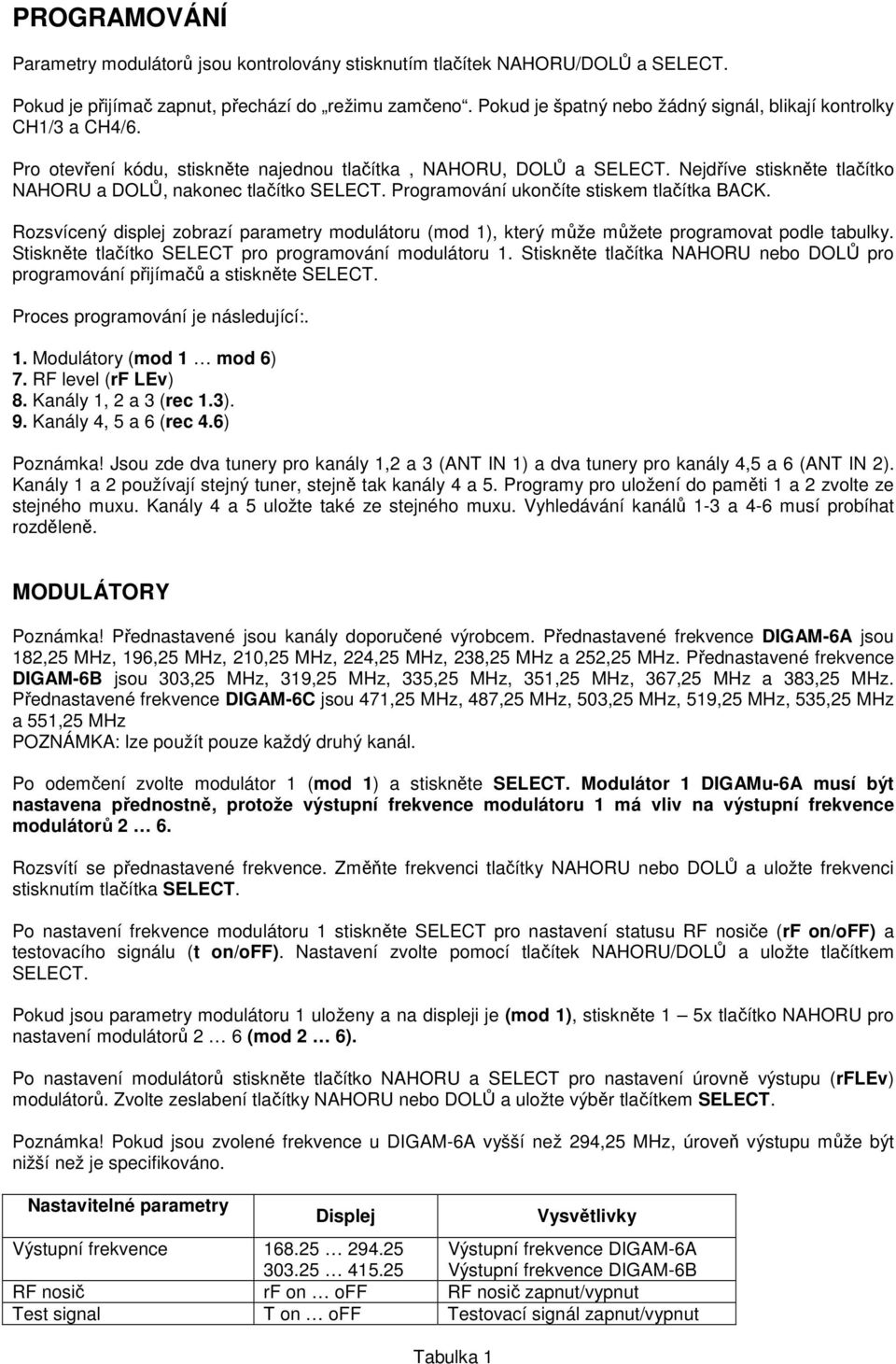 Nejdříve stiskněte tlačítko NAHORU a DOLŮ, nakonec tlačítko SELECT. Programování ukončíte stiskem tlačítka BACK.