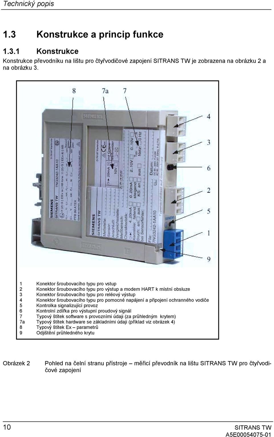 napájení a připojení ochranného vodiče 5 Kontrolka signalizující provoz 6 Kontrolní zdířka pro výstupní proudový signál 7 Typový štítek software s provozními údaji (za průhledným krytem) 7a Typový