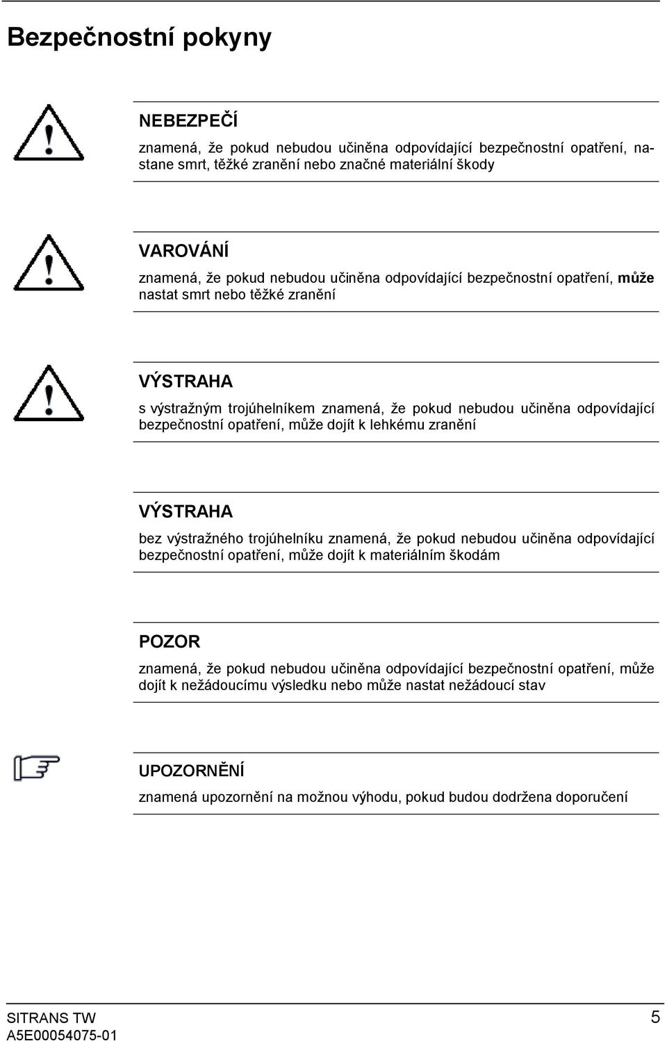 dojít k lehkému zranění VÝSTRAHA bez výstražného trojúhelníku znamená, že pokud nebudou učiněna odpovídající bezpečnostní opatření, může dojít k materiálním škodám POZOR znamená, že pokud nebudou