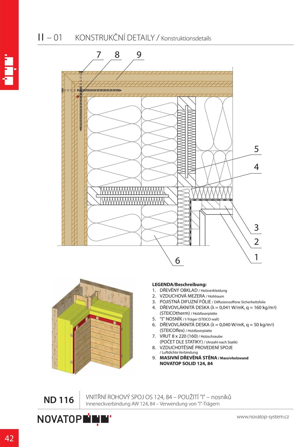 "I" NOSNÍK / I-Träger (STEICO wall). DŘEVOVLÁKNITÁ DESKA (λ = 0,00 W/mK, q = 0 kg/m) (STEICOflex) / Holzfaserplatte 7. VRUT 8 x 0 (0) / Holzschraube 8.