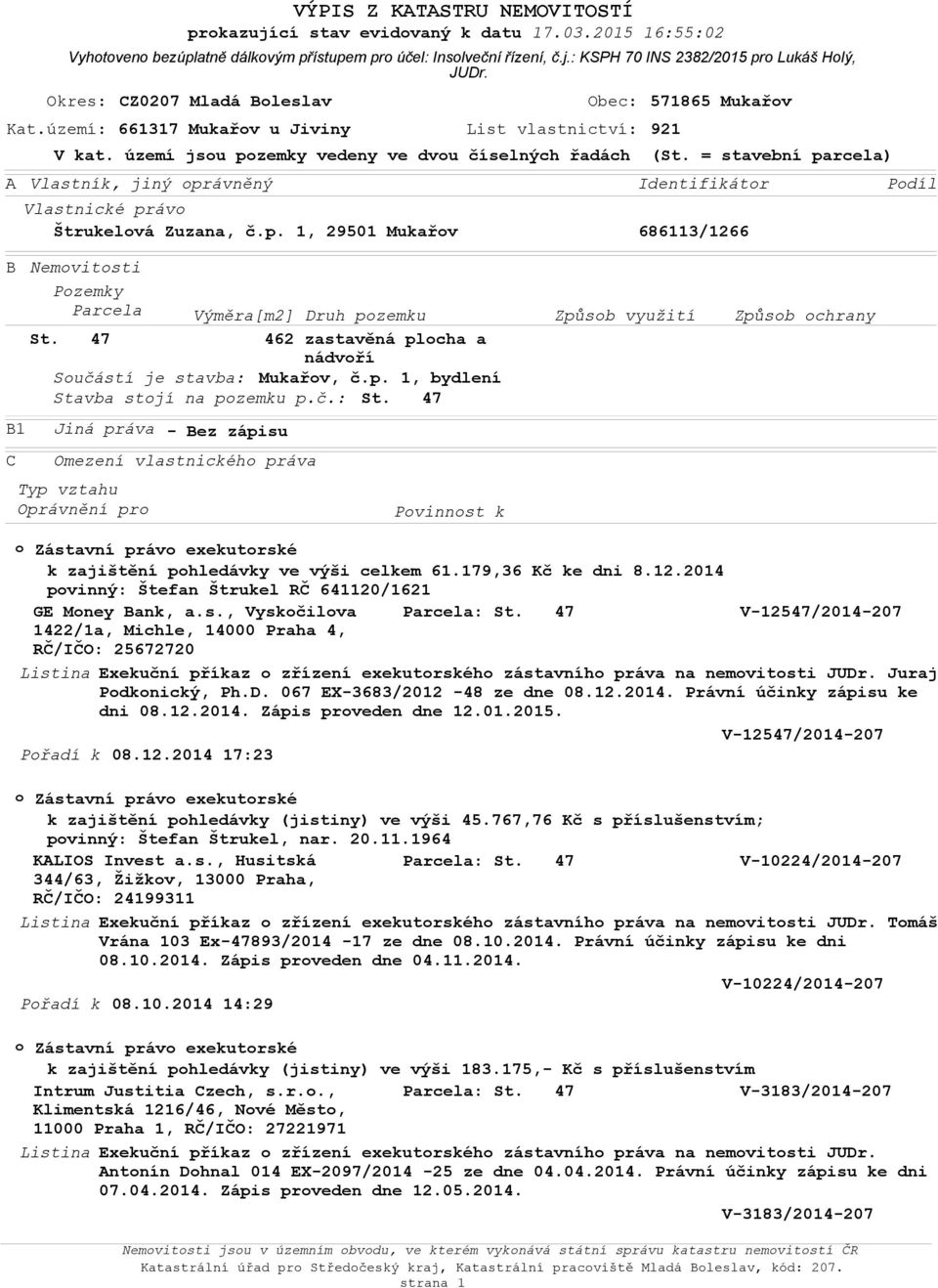 47 462 zastavěná plcha a nádvří Sučástí je stavba: Mukařv, č.p. 1, bydlení Stavba stjí na pzemku p.č.: St. 47 B1 C Vyhtven bezúplatně dálkvým přístupem pr účel: Inslveční řízení, č.j.: KSPH 70 INS 2382/2015 pr Lukáš Hlý, JUDr.