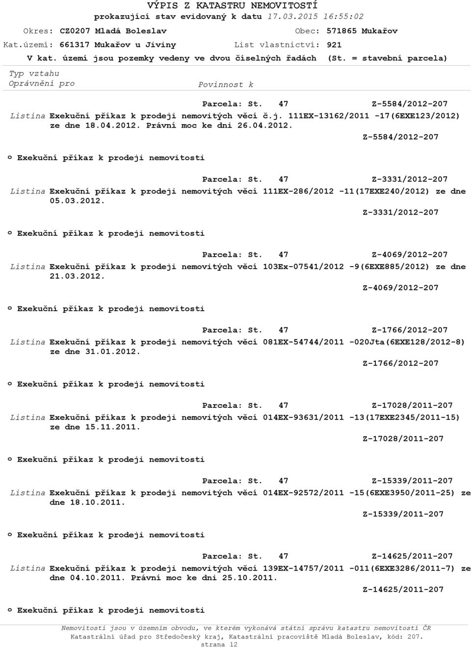 04.2012. Z-5584/2012-207 Exekuční příkaz k prdeji nemvitsti Z-3331/2012-207 Exekuční příkaz k prdeji nemvitých věcí 111EX-286/2012-11(17EXE240/2012) ze dne 05.03.2012. Z-3331/2012-207 Exekuční příkaz k prdeji nemvitsti Z-4069/2012-207 Exekuční příkaz k prdeji nemvitých věcí 103Ex-07541/2012-9(6EXE885/2012) ze dne 21.