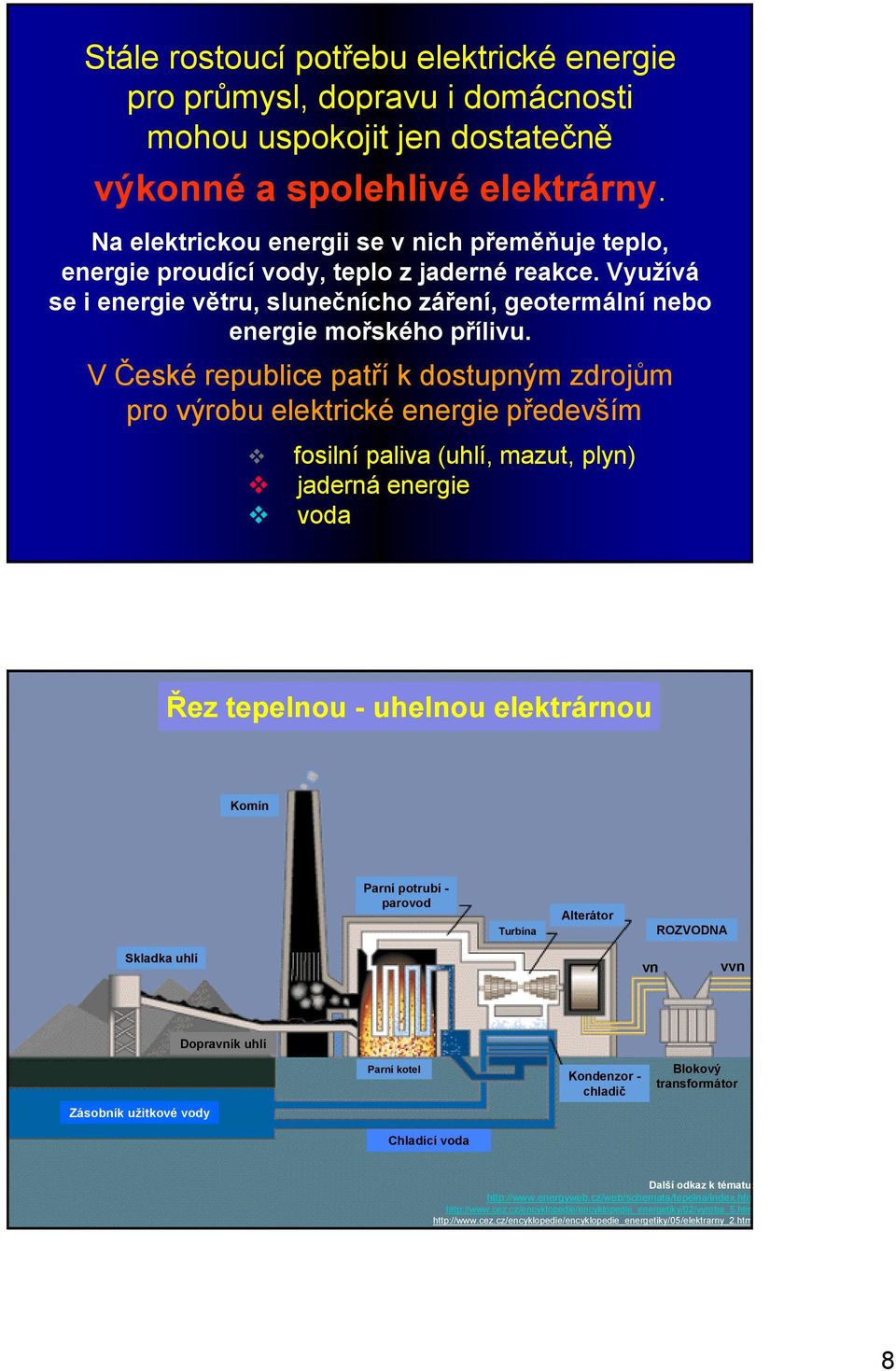 V České republice patří k dostupným zdrojům pro výrobu elektrické energie především fosilní paliva (uhlí, mazut, plyn) jaderná energie voda Řez tepelnou - uhelnou elektrárnou Komín Parní potrubí -