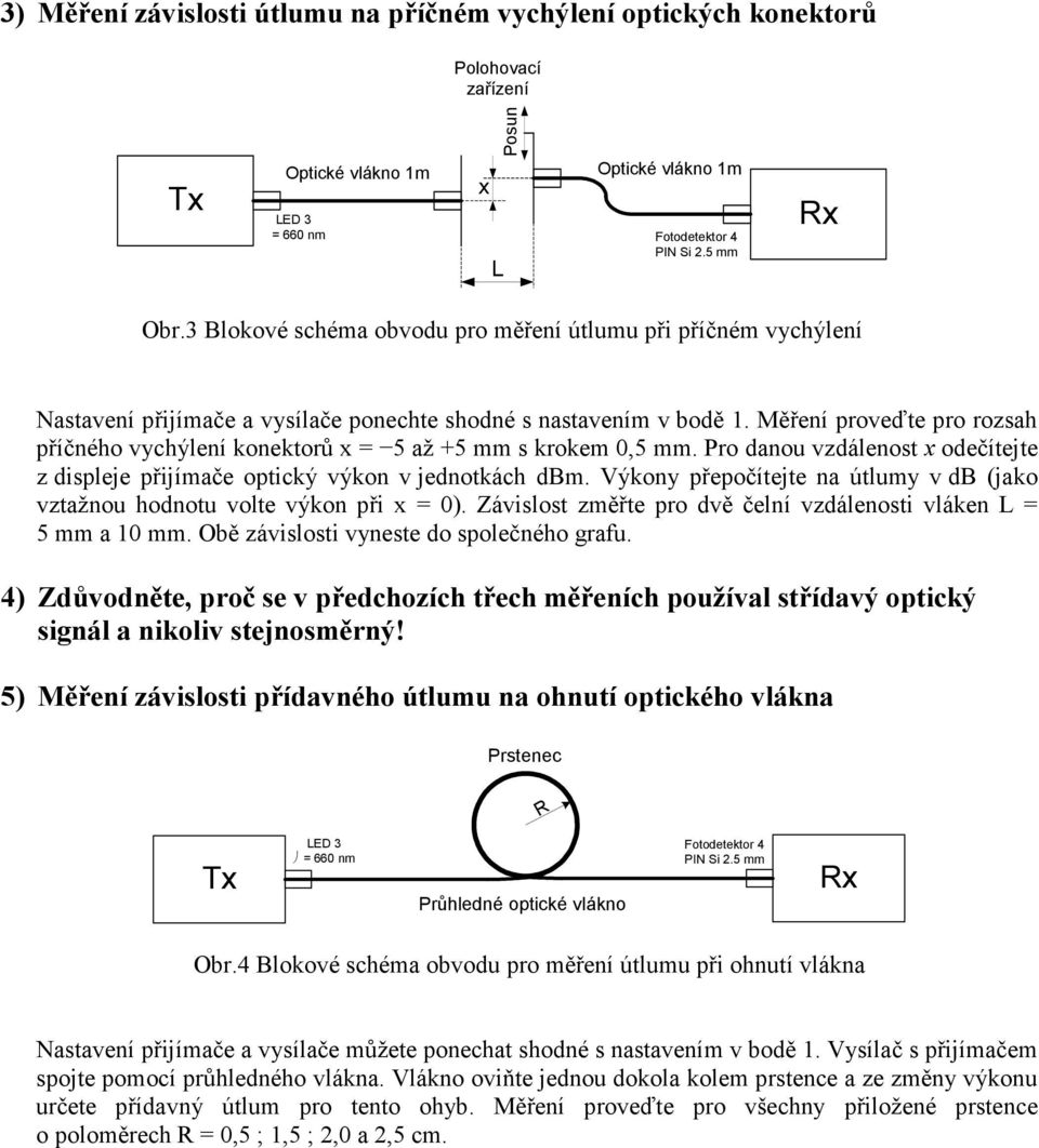 Měření proveďte pro rozsah příčného vychýlení konektorů x 5 až 5 mm s krokem 0,5 mm. Pro danou vzdálenost x odečítejte z displeje přijímače optický výkon v jednotkách dbm.