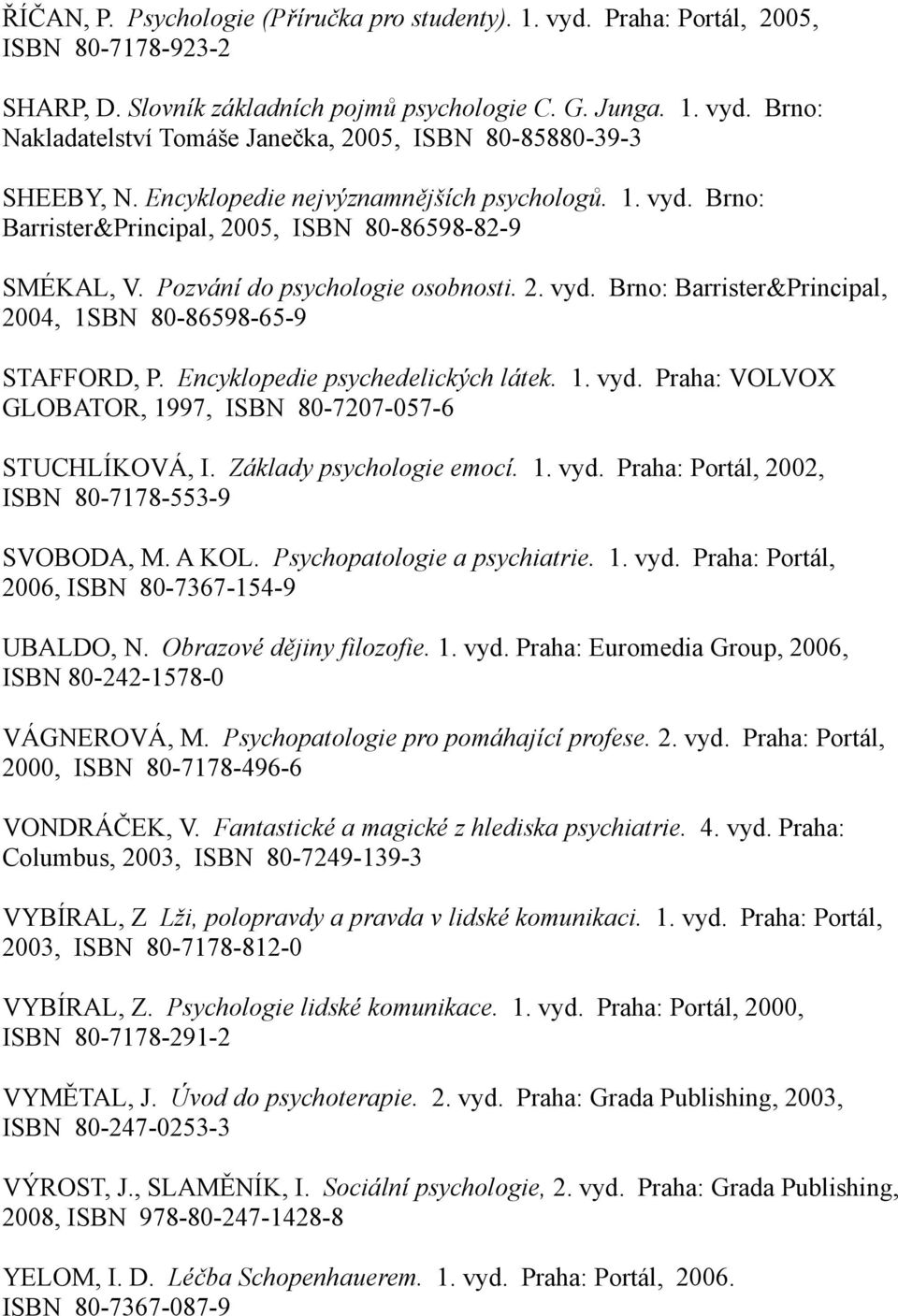 Encyklopedie psychedelických látek. 1. vyd. Praha: VOLVOX GLOBATOR, 1997, ISBN 80-7207-057-6 STUCHLÍKOVÁ, I. Základy psychologie emocí. 1. vyd. Praha: Portál, 2002, ISBN 80-7178-553-9 SVOBODA, M.