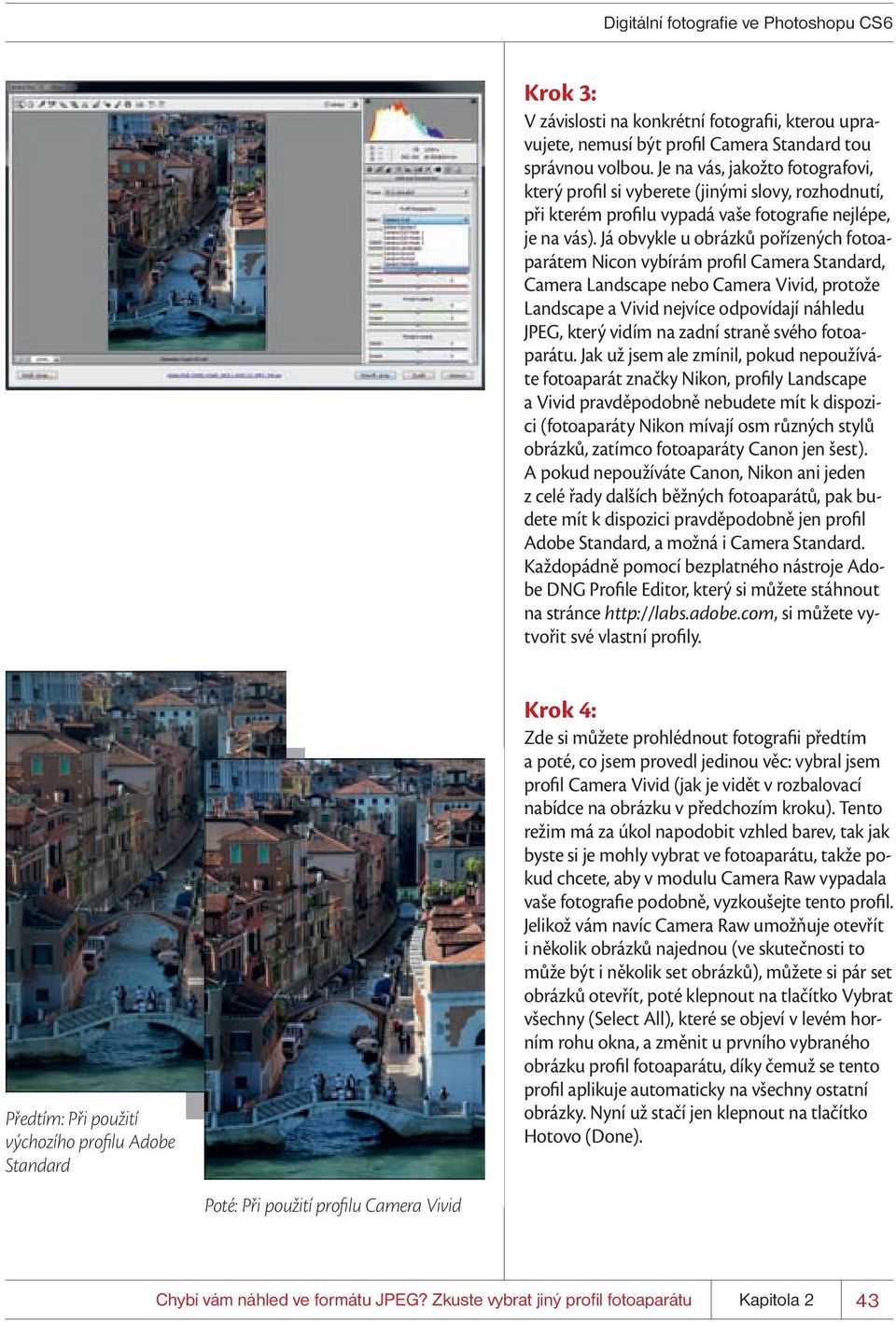Já obvykle u obrázků pořízených fotoaparátem Nicon vybírám profil Camera Standard, Camera Landscape nebo Camera Vivid, protože Landscape a Vivid nejvíce odpovídají náhledu JPEG, který vidím na zadní
