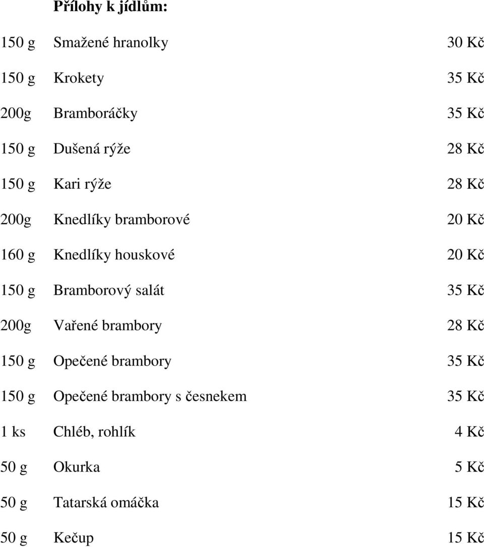 150 g Bramborový salát 35 Kč 200g Vařené brambory 28 Kč 150 g Opečené brambory 35 Kč 150 g Opečené