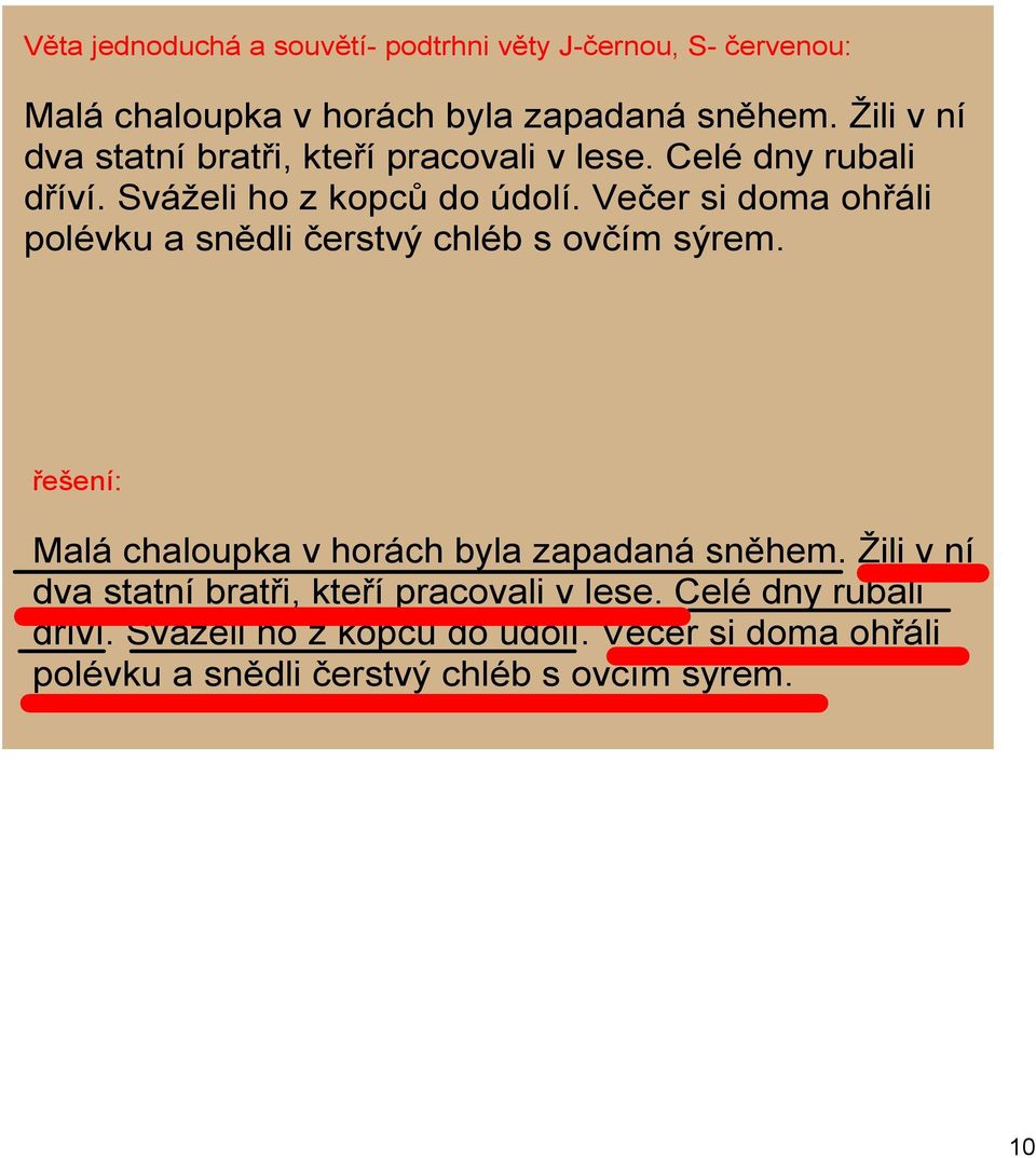 Večer si doma oh áli polévku a sn dli čerstvý chléb s ovčím sýrem. ešení: Malá chaloupka v horách byla zapadaná sn hem.