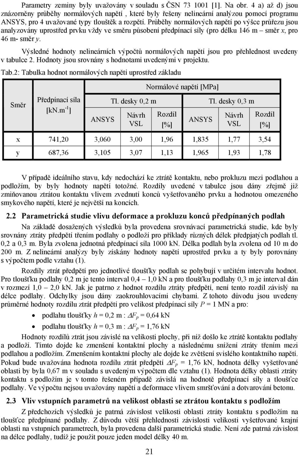 Průběhy normálových napětí po výšce průřezu jsou analyzovány uprostřed prvku vždy ve směru působení předpínací síly (pro délku 146 m směr x, pro 46 m- směr y.