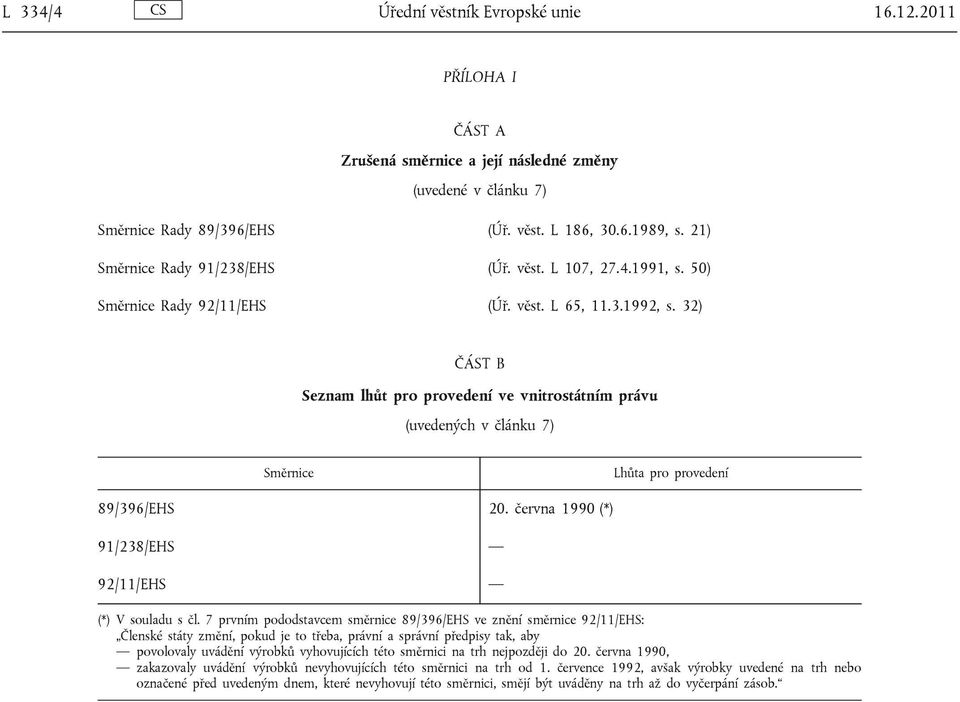 32) ČÁST B Seznam lhůt pro provedení ve vnitrostátním právu (uvedených v článku 7) Směrnice Lhůta pro provedení 89/396/EHS 20. června 1990 (*) 91/238/EHS 92/11/EHS (*) V souladu s čl.