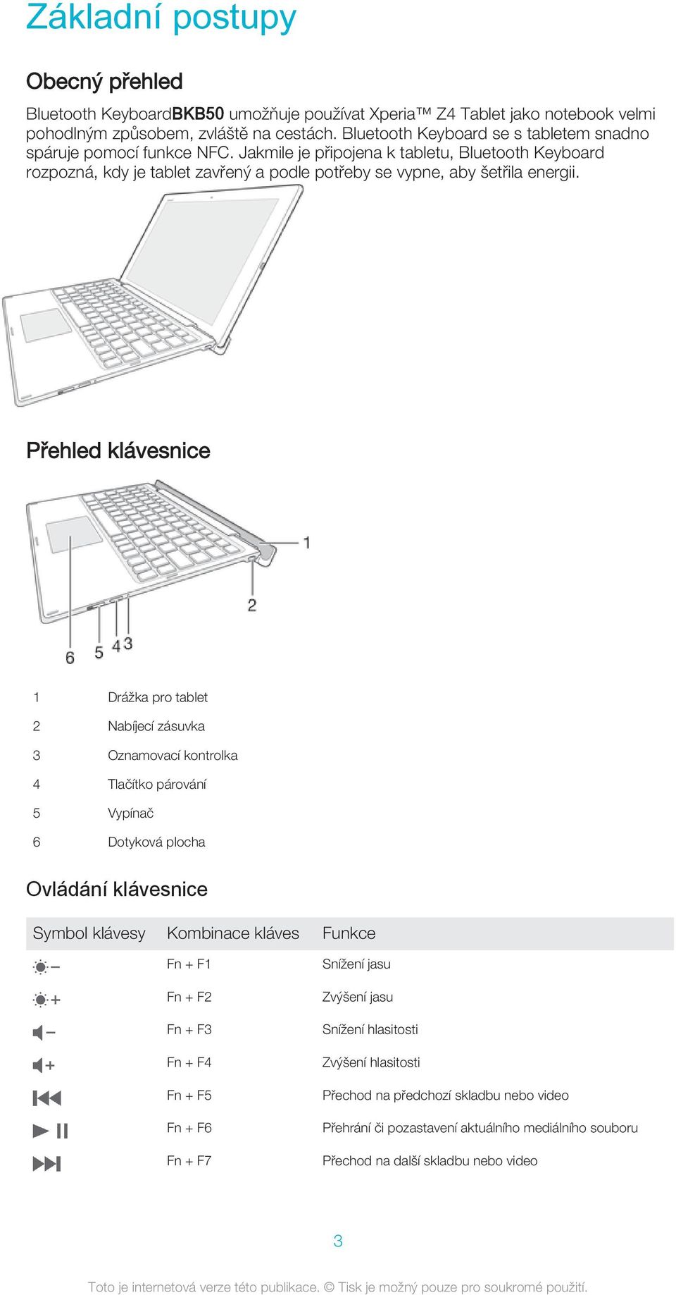 Přehled klávesnice 1 Drážka pro tablet 2 Nabíjecí zásuvka 3 Oznamovací kontrolka 4 Tlačítko párování 5 Vypínač 6 Dotyková plocha Ovládání klávesnice Symbol klávesy Kombinace kláves Funkce Fn + F1