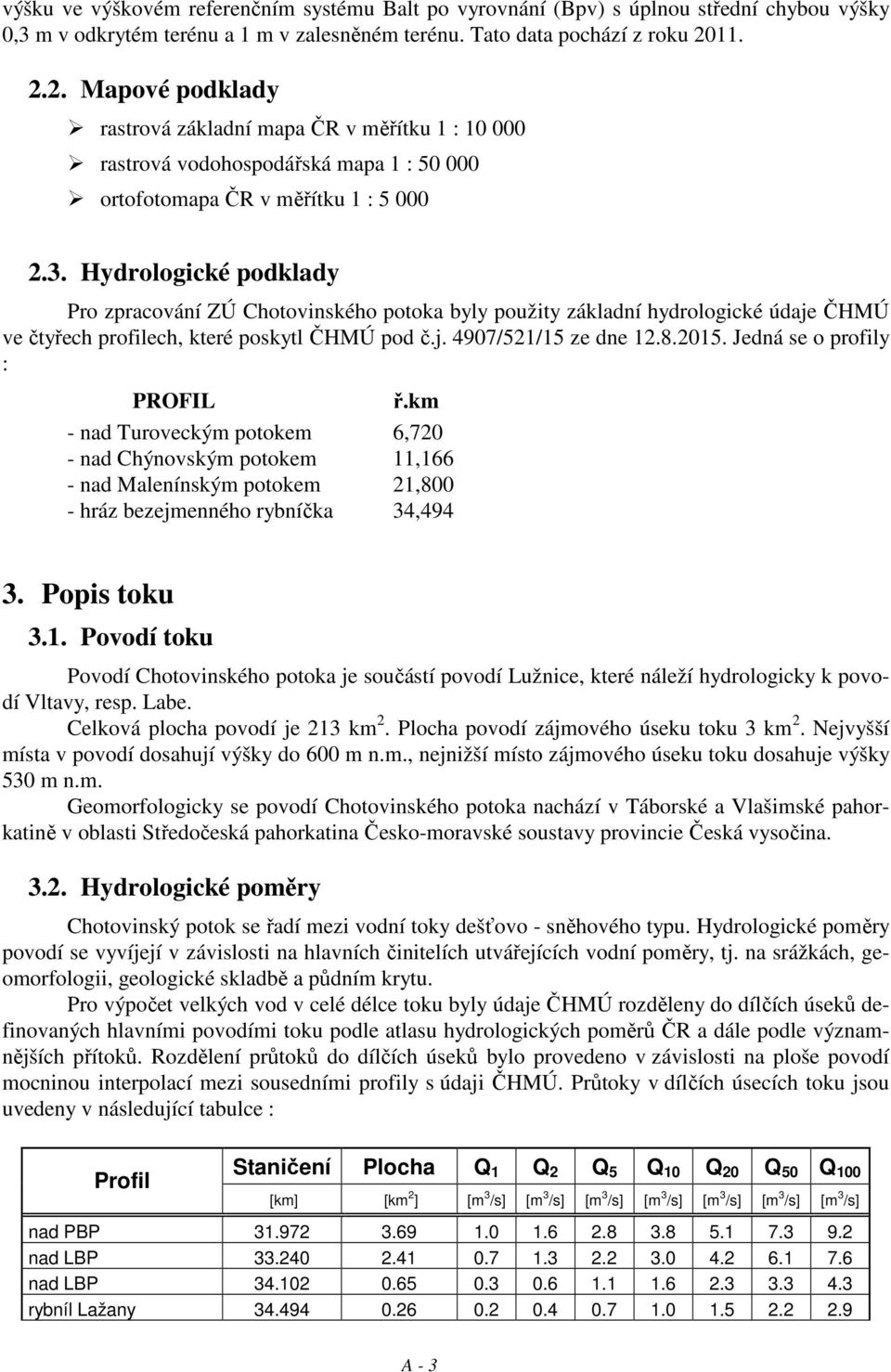 Hydrologické podklady Pro zpracování ZÚ Chotovinského potoka byly použity základní hydrologické údaje ČHMÚ ve čtyřech profilech, které poskytl ČHMÚ pod č.j. 4907/521/15 ze dne 12.8.2015.