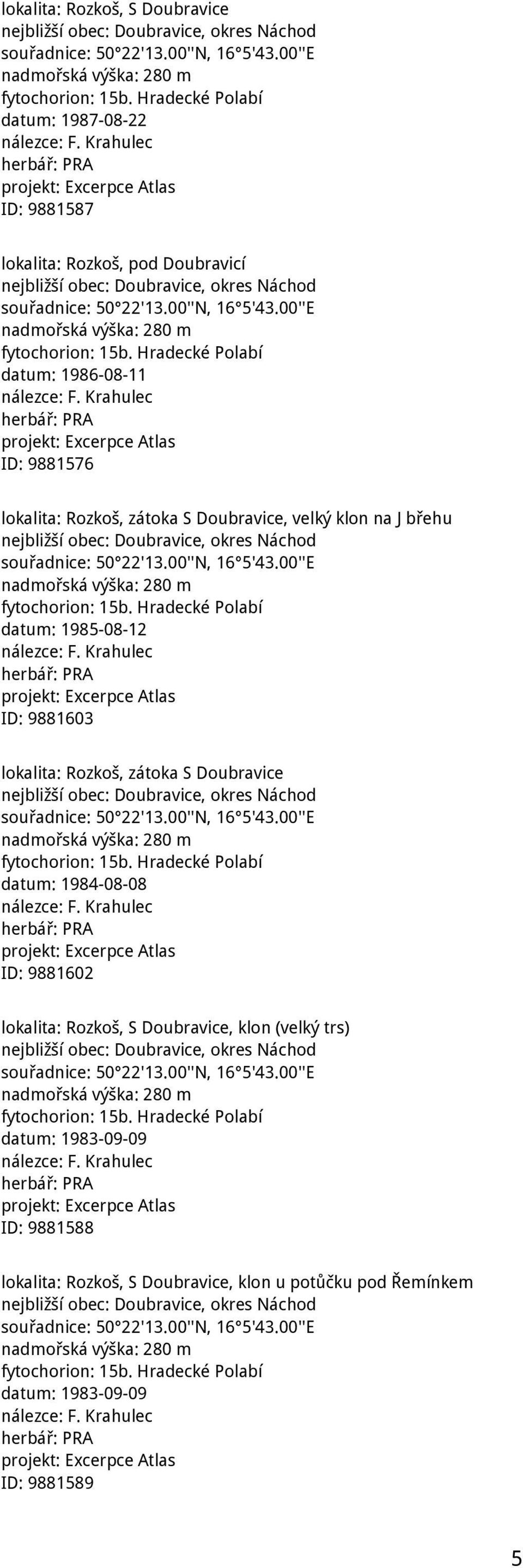 Hradecké Polabí datum: 1986-08-11 nálezce: F. Krahulec ID: 9881576 lokalita: Rozkoš, zátoka S Doubravice, velký klon na J břehu nejbližší obec: Doubravice, okres Náchod souřadnice: 50 22'13.