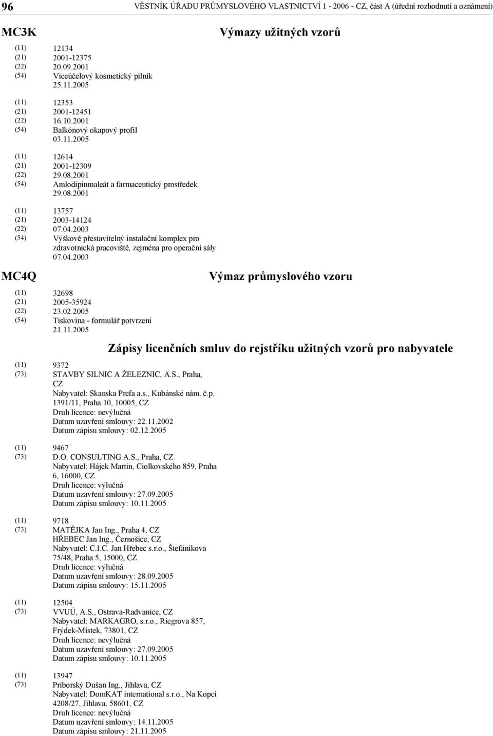 2003 Výškově přestavitelný instalační komplex pro zdravotnická pracoviště, zejména pro operační sály 07.04.2003 32698 2005-35924 23.02.2005 Tiskovina - formulář potvrzení 21.11.