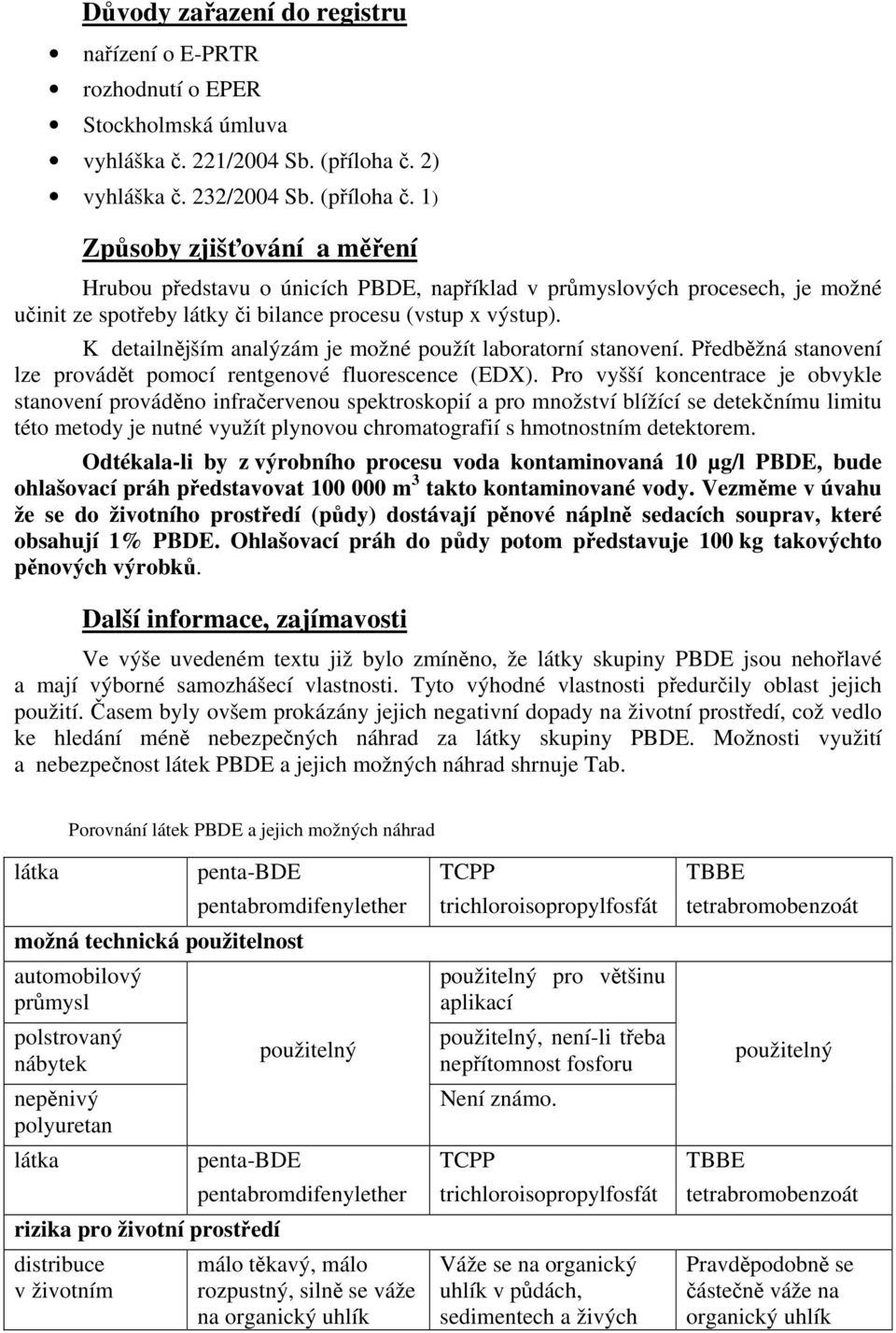 1) Způsoby zjišťování a měření Hrubou představu o únicích PBDE, například v průmyslových procesech, je možné učinit ze spotřeby látky či bilance procesu (vstup x výstup).