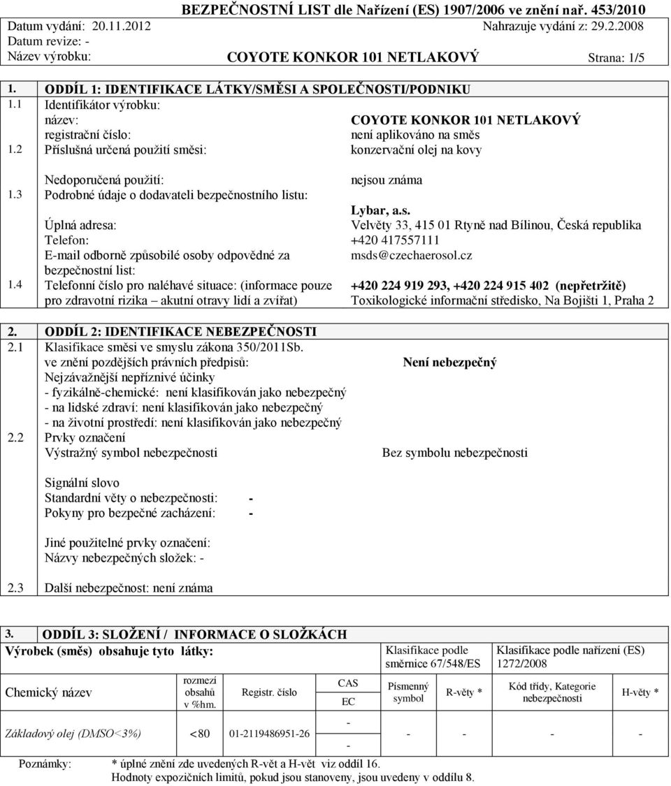 2 Příslušná určená použití směsi: konzervační olej na kovy Nedoporučená použití: nejsou známa 1.3 Podrobné údaje o dodavateli bezpečnostního listu: Lybar, a.s. Úplná adresa: Velvěty 33, 415 01 Rtyně nad Bílinou, Česká republika Telefon: +420 417557111 E-mail odborně způsobilé osoby odpovědné za msds@czechaerosol.