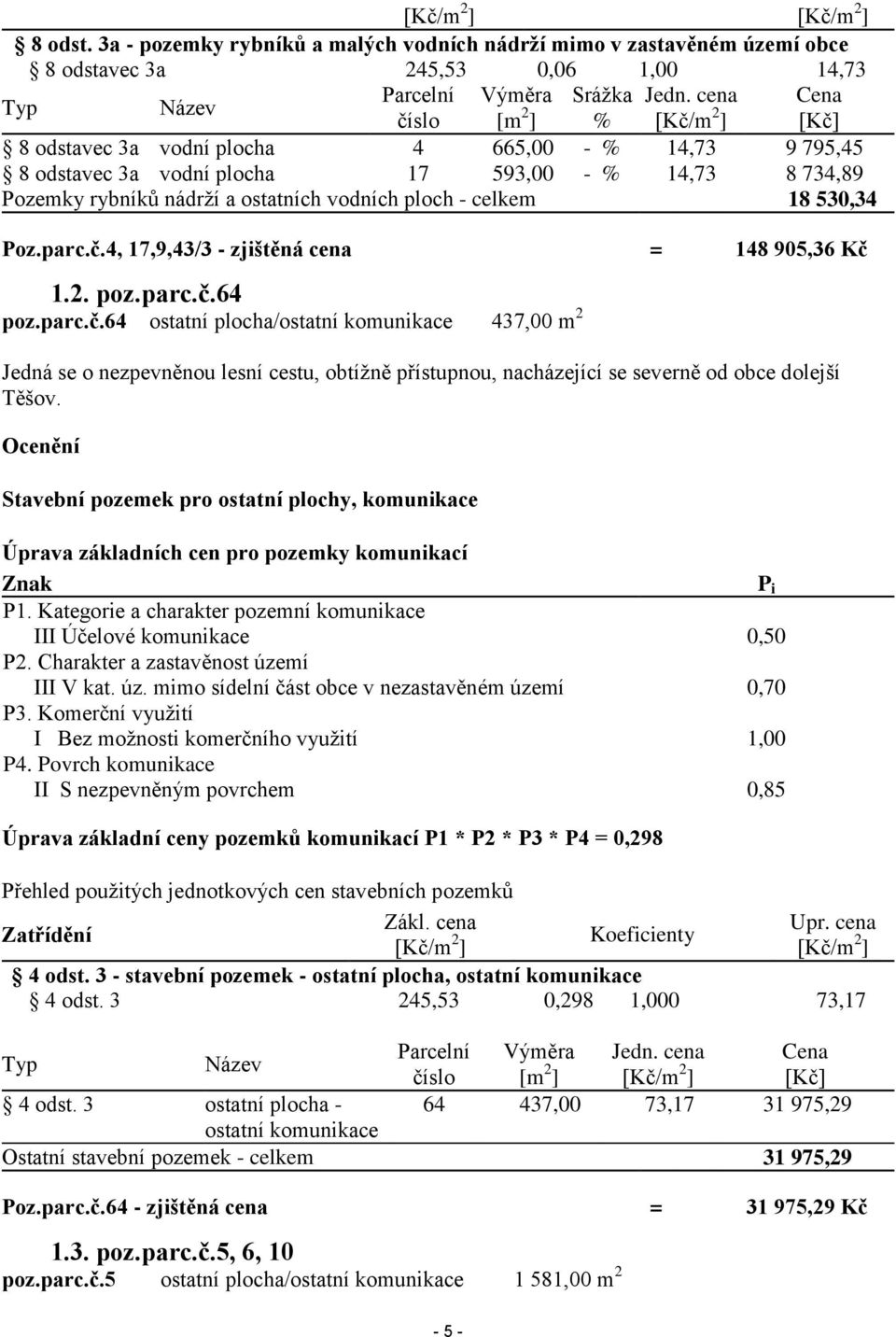 - celkem 18 530,34 Poz.parc.č.4, 17,9,43/3 - zjištěná cena = 148 905,36 Kč 1.2. poz.parc.č.64 poz.parc.č.64 ostatní plocha/ostatní komunikace 437,00 m 2 Jedná se o nezpevněnou lesní cestu, obtížně přístupnou, nacházející se severně od obce dolejší Těšov.