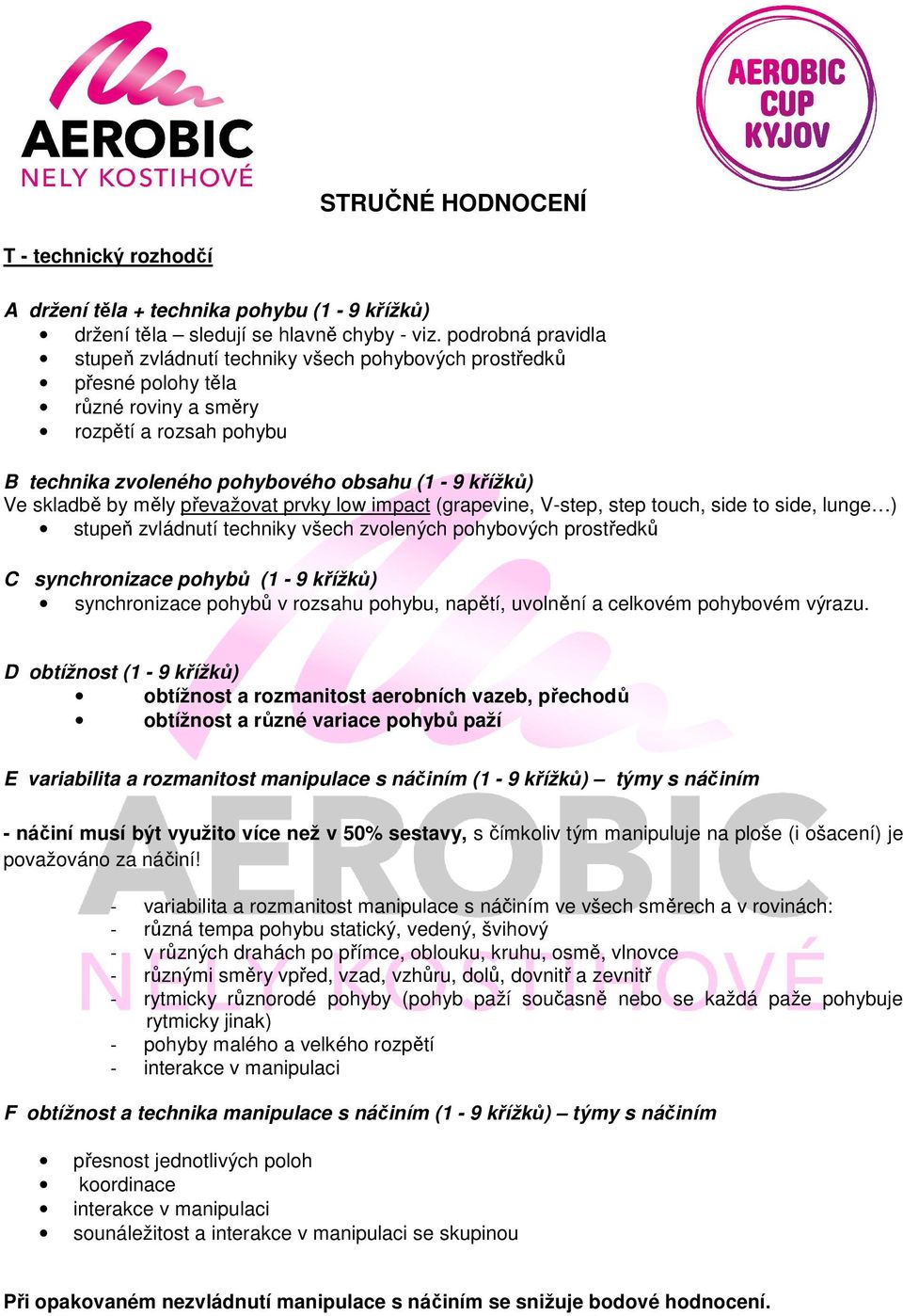 by měly převažovat prvky low impact (grapevine, V-step, step touch, side to side, lunge ) stupeň zvládnutí techniky všech zvolených pohybových prostředků C synchronizace pohybů (1 - křížků)