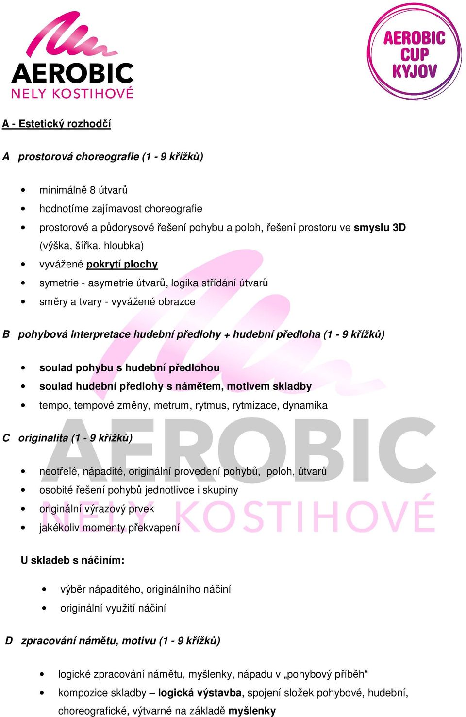 soulad pohybu s hudební předlohou soulad hudební předlohy s námětem, motivem skladby tempo, tempové změny, metrum, rytmus, rytmizace, dynamika C originalita (1 - křížků) neotřelé, nápadité,