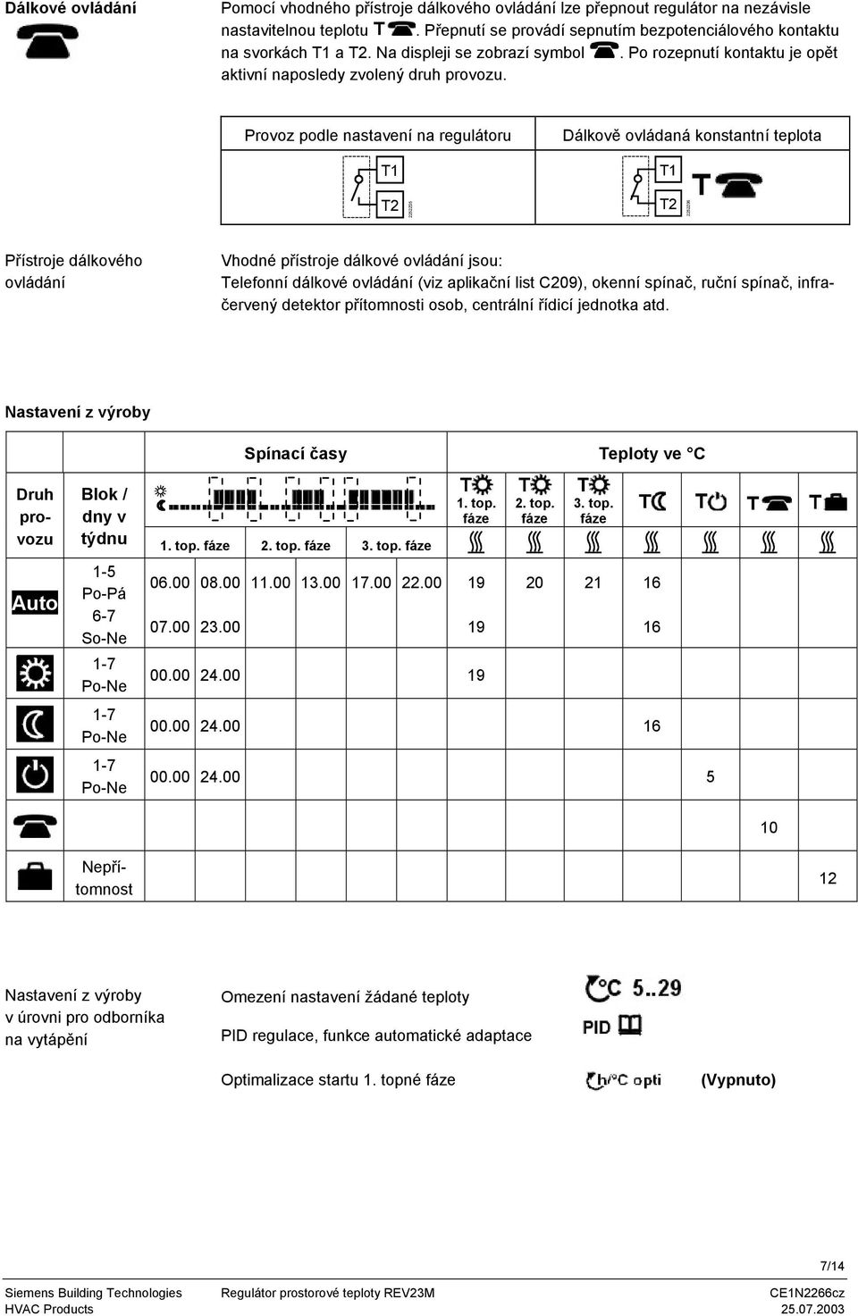 Provoz podle nastavení na regulátoru 1 Dálkově ovládaná konstantní teplota 1 2 2252Z05 2 2252Z06 Přístroje dálkového ovládání Vhodné přístroje dálkové ovládání jsou: elefonní dálkové ovládání (viz