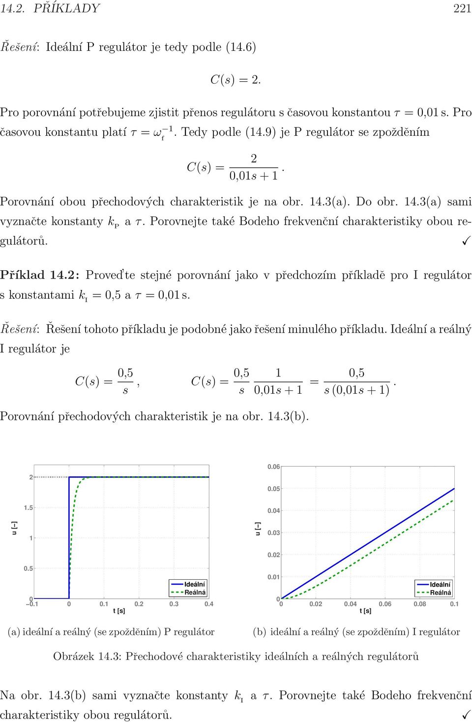 Porovnejte také Bodeho frekvenční charakteritiky obou regulátorů. Příklad 14.2: Proved te tejné porovnání jako v předchozím příkladě pro I regulátor kontantami k I = 0,5 a τ = 0,01.