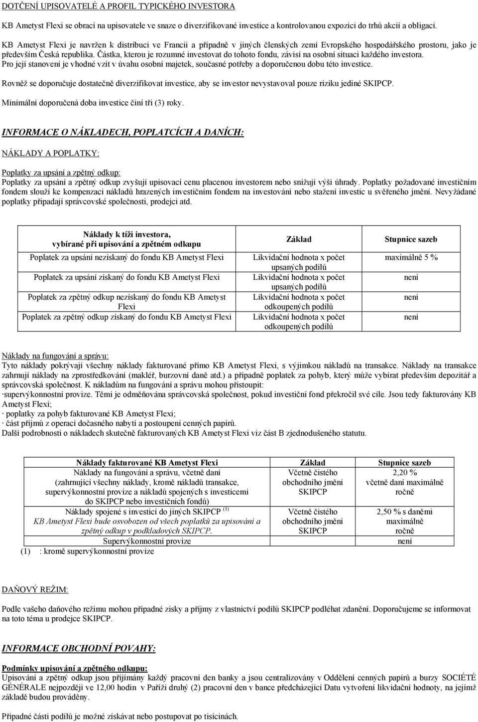 Částka, kterou je rozumné investovat do tohoto fondu, závisí na osobní situaci každého investora.