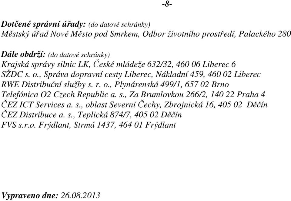 , Správa dopravní cesty Liberec, Nákladní 459, 460 02 Liberec RWE Distribuční služby s. r. o., Plynárenská 499/1, 657 02 Brno Telefónica O2 Czech Republic a.