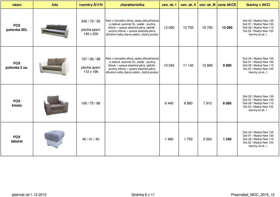 I III cena AKCE tkaniny v AKCI pohovka 3DL 242 / 72 / 93 140 x 200 Rám z listnatého dřeva, deska dřevotřísková a zádová, automat DL, sedák - pružiny lištové + vysoce elastická pěna, opěrák - pružiny