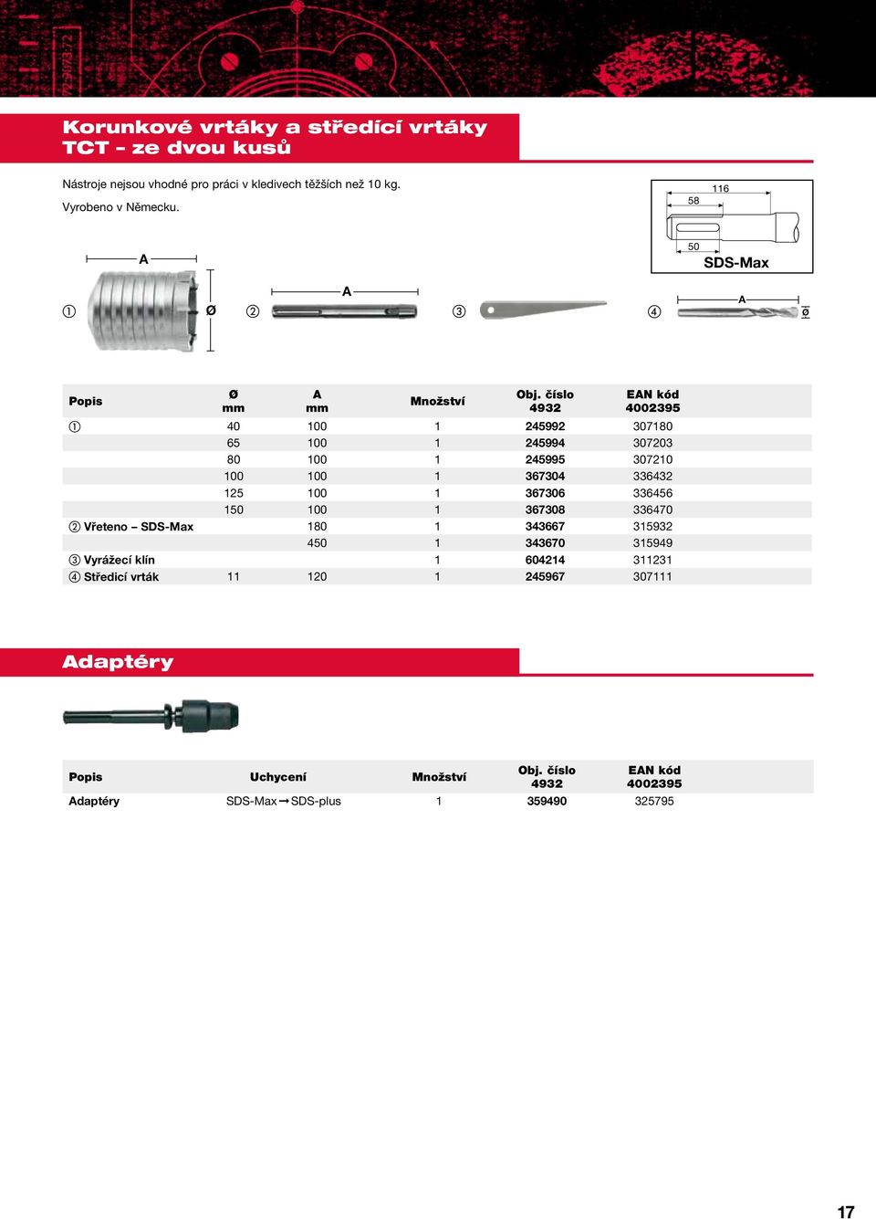 58 116 50 SDS-Max Popis EN kód 40 100 1 245992 307180 65 100 1 245994 307203 80 100 1 245995 307210 100 100 1 367304 336432