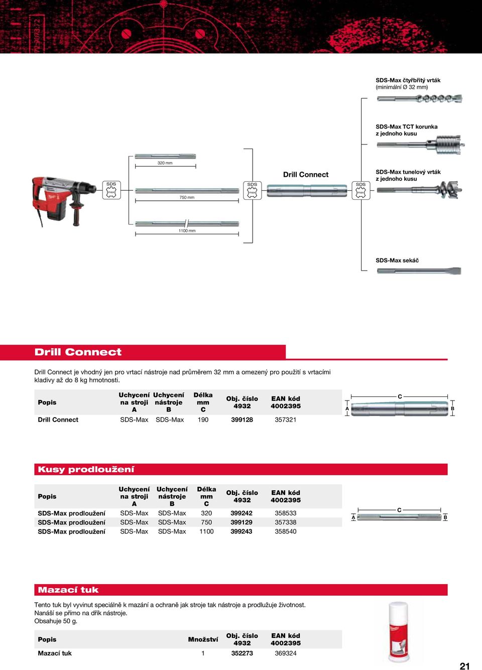 Popis Uchycení na stroji Uchycení nástroje Délka C EN kód C Drill Connect SDS-Max SDS-Max 190 399128 357321 Kusy prodloužení Popis Uchycení na stroji Uchycení nástroje Délka C EN kód SDS-Max